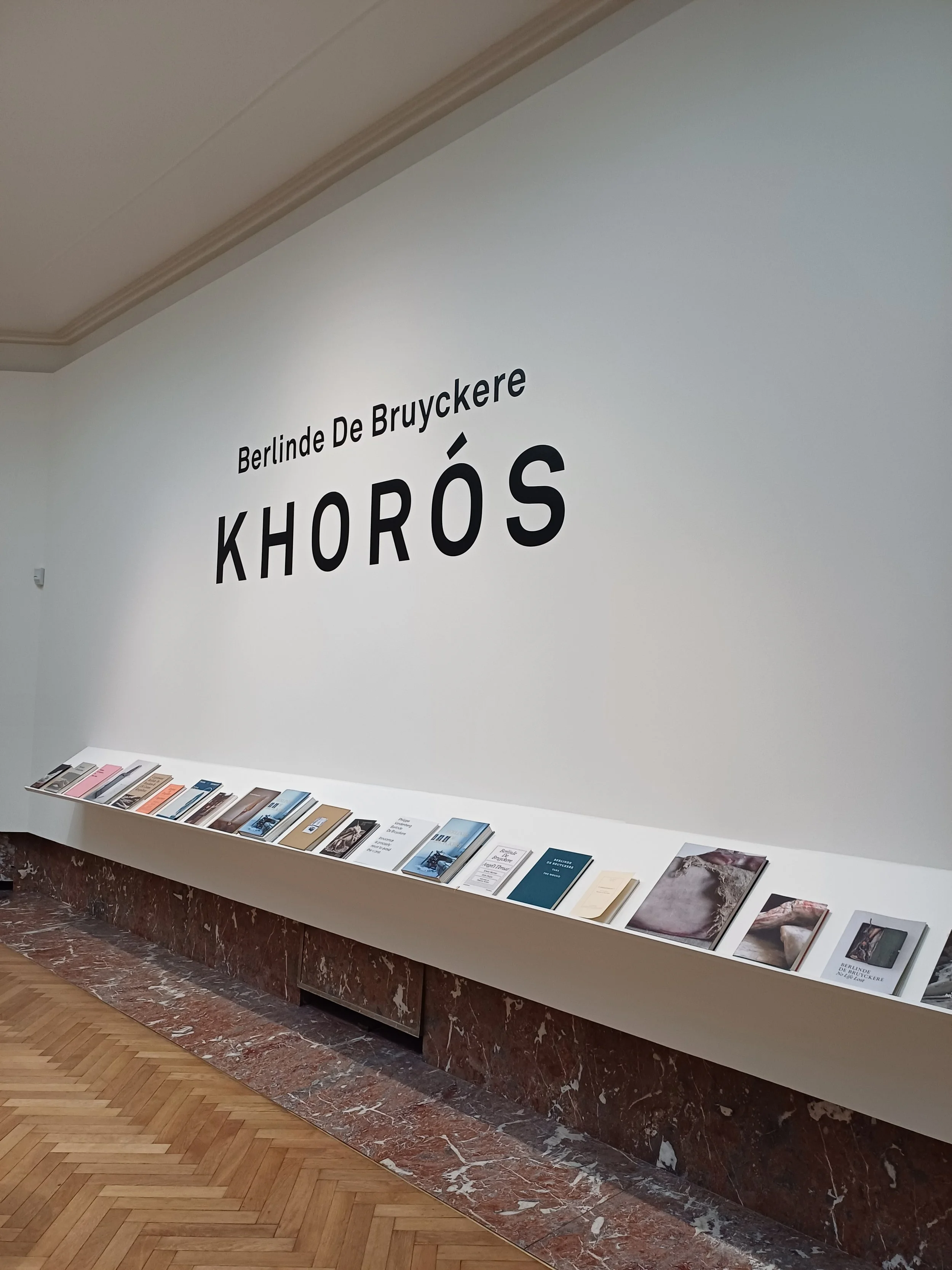A white gallery room with marble and wood floors features a low shelf arranged with various books and ephemera. Above, the wall text reads: "Berlinde De Bruyckere: KHORÓS."