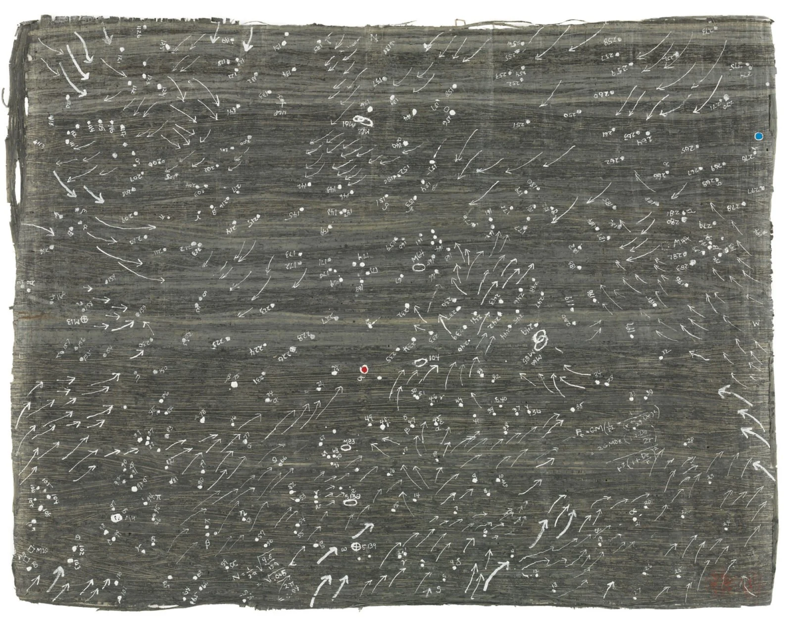 Dark, textured canvas covered with white arrows, dots, and handwritten numbers suggesting constellations or directional movement across a field.