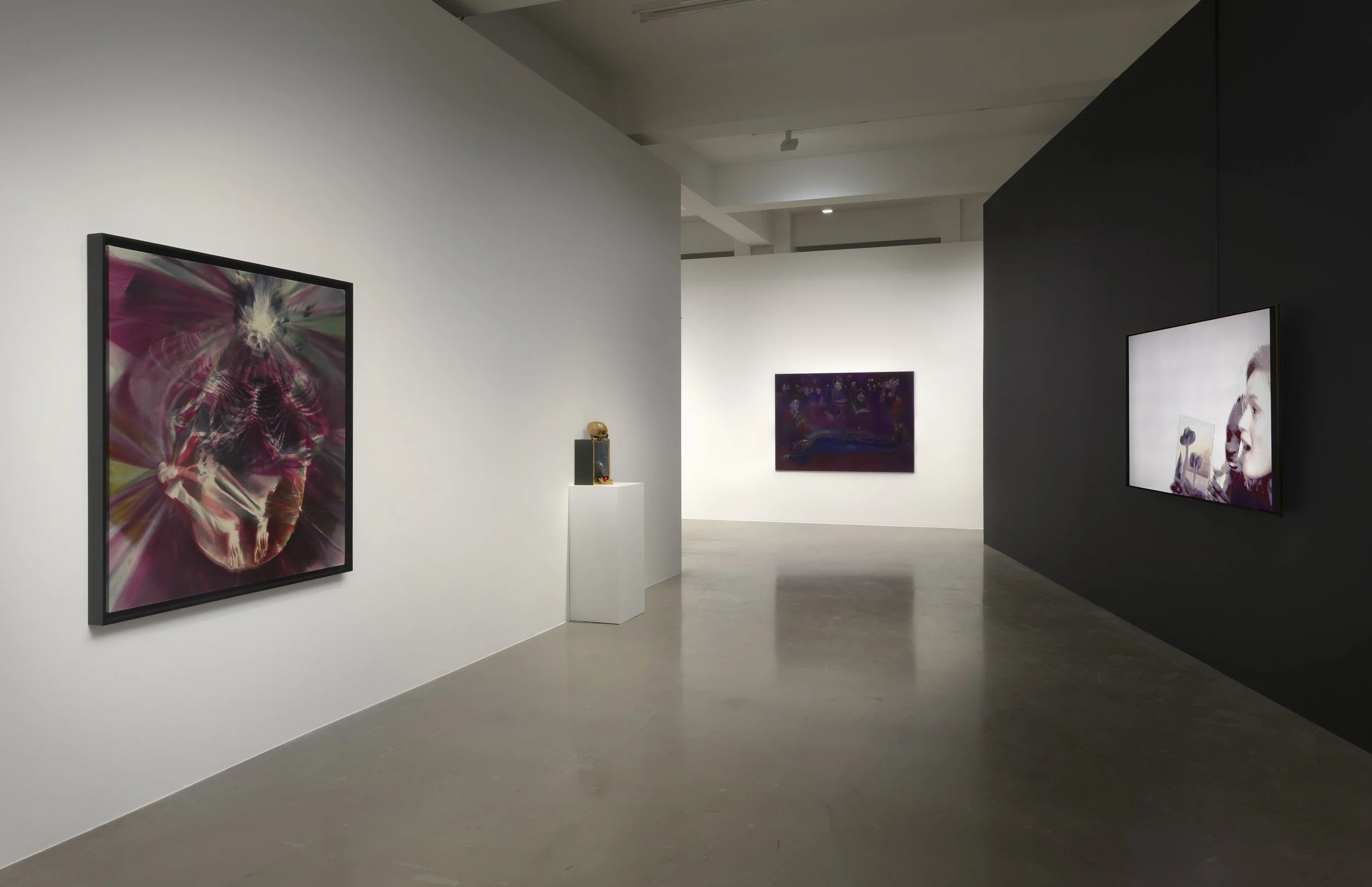 A large white gallery room with one black wall features a number of wall works, all sharing a dark purple-ish color scheme. To the left back, a white plinth flush to the wall features a small sculpture.
