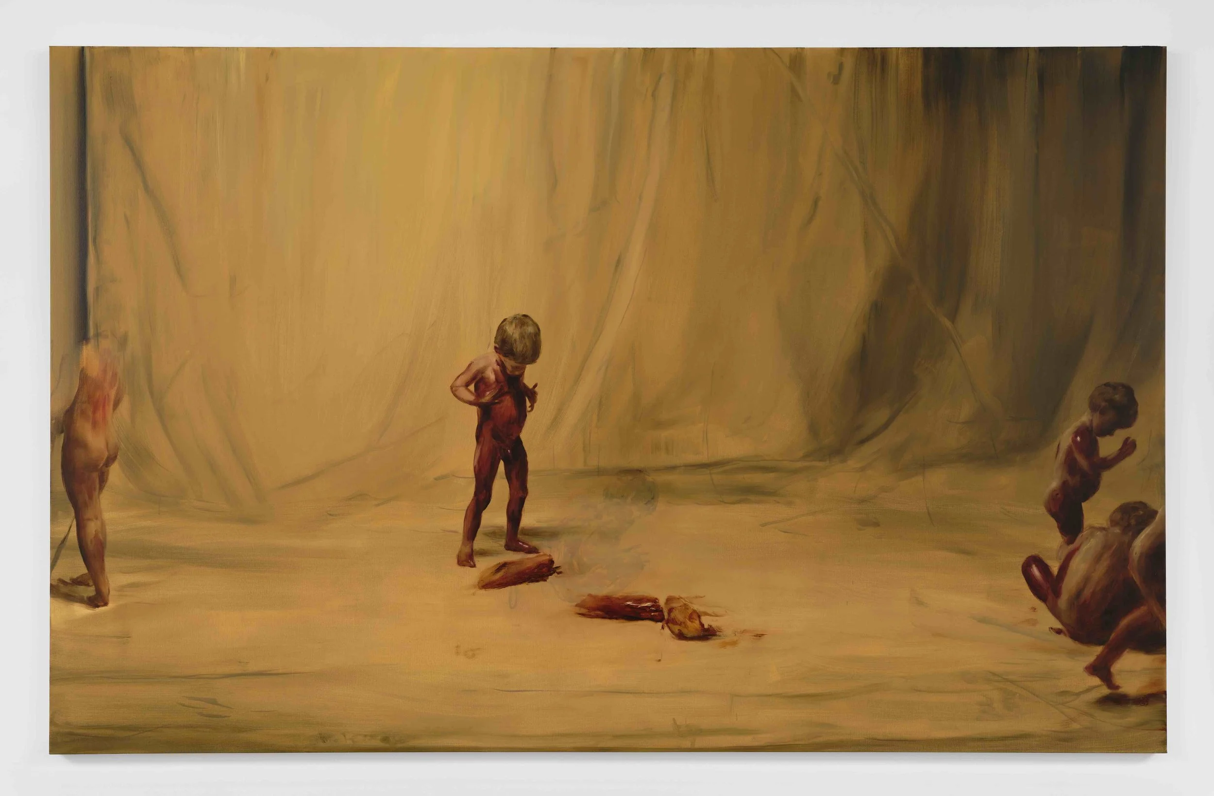 A beige/tan-colored painting depicts a minimal scene of a cloth-like backdrop. Five figures populate the scene, some half-obscured: children with bloodied, naked bodies next to unidentifiable bloody limbs, mid-movement or crouched.