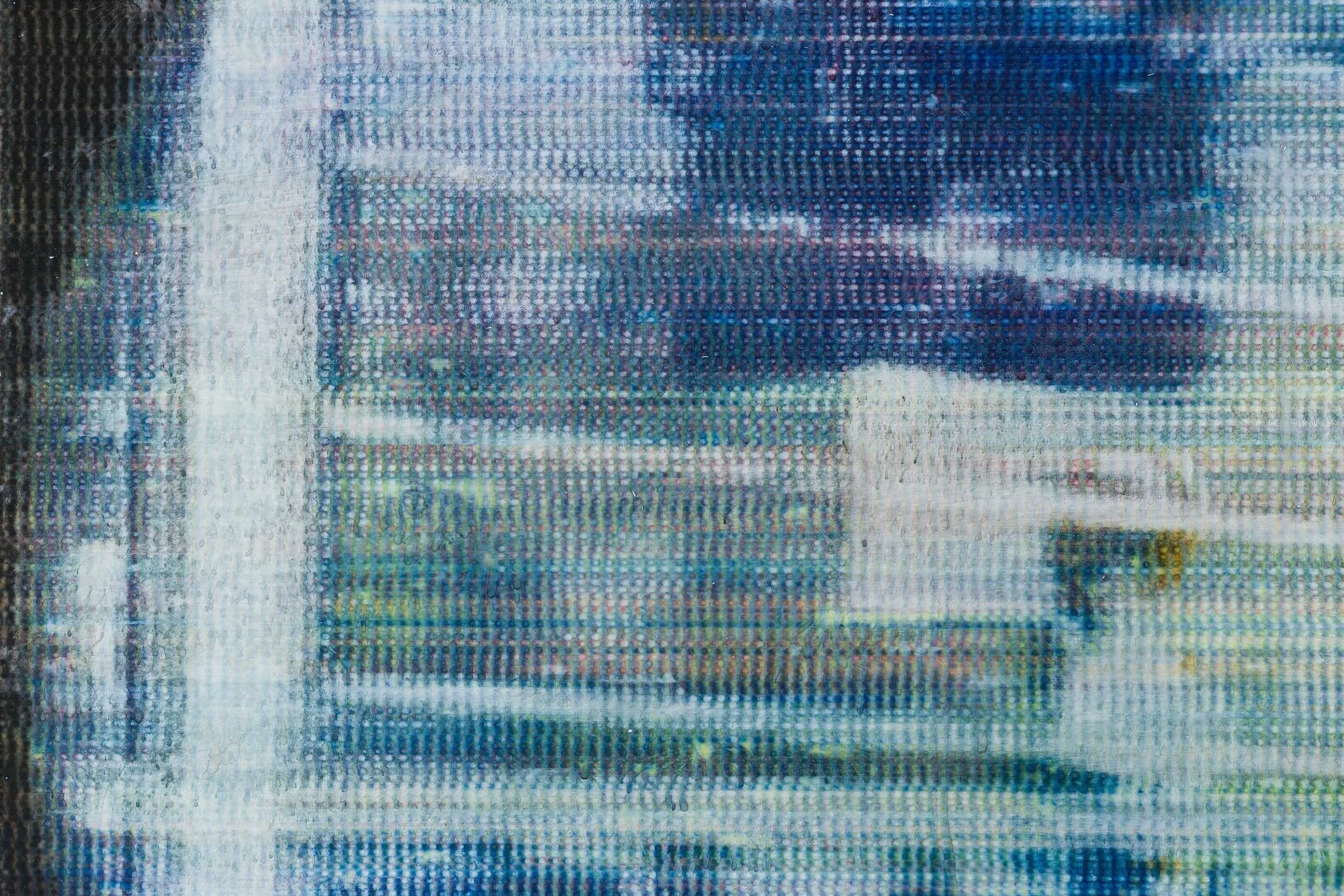 A close-up shot of a canvas features the grid of the weave colored by different blue, white, and other warm pigments. The close-up view makes the canvas appear like a pixellated screen.