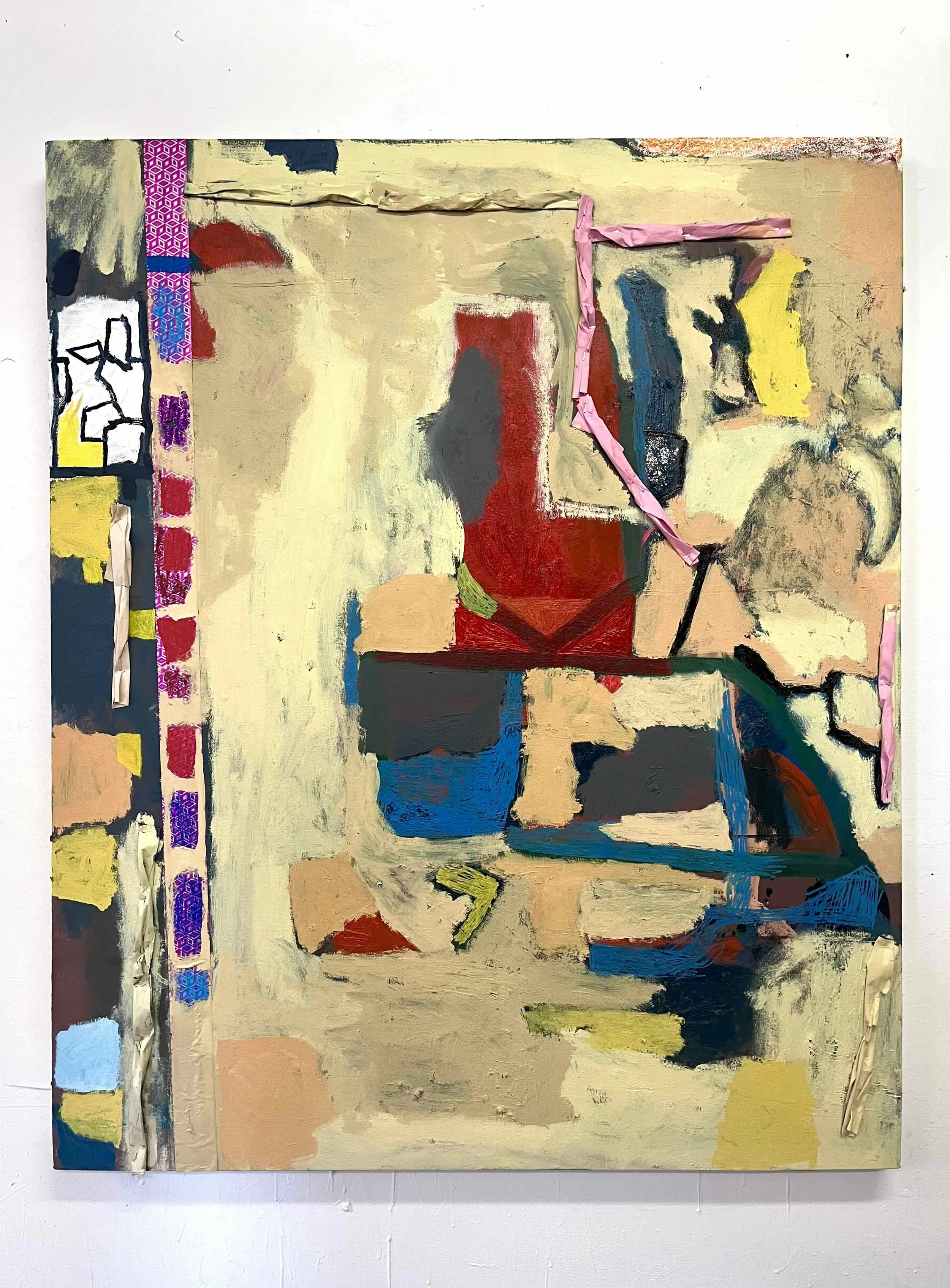 An abstract painting is made up of amorphous, slightly geometric shapes of red, tan, and off-white. The painting features visible brushstrokes and mark-making.