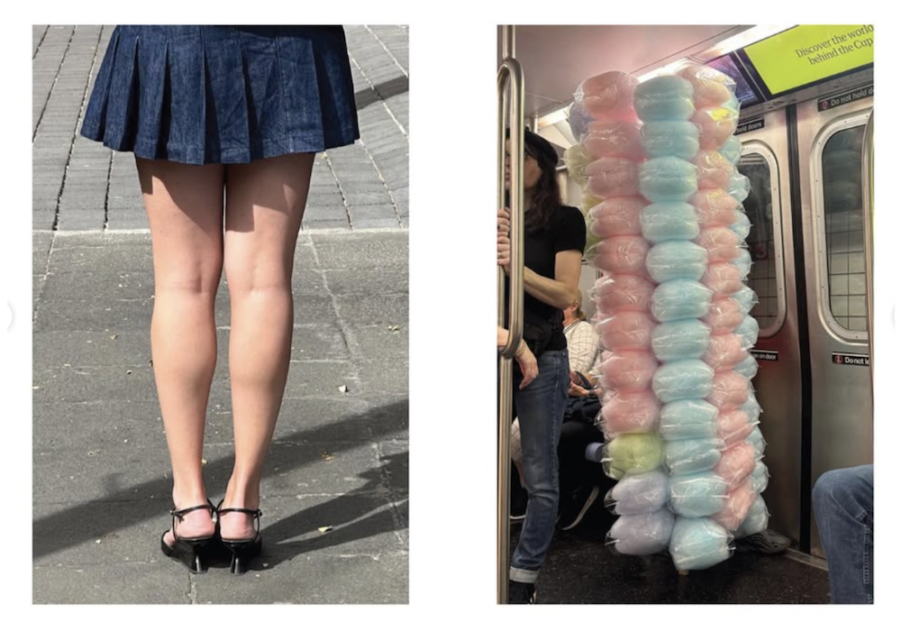 Street photo juxtaposing a woman’s legs in heels and a subway car filled with bundled cotton candy.