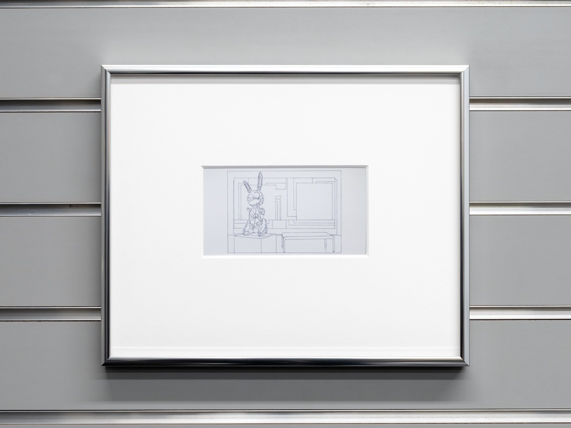Small minimalist line drawing of a rabbit sculpture and bench, centered within a large white mat and frame.