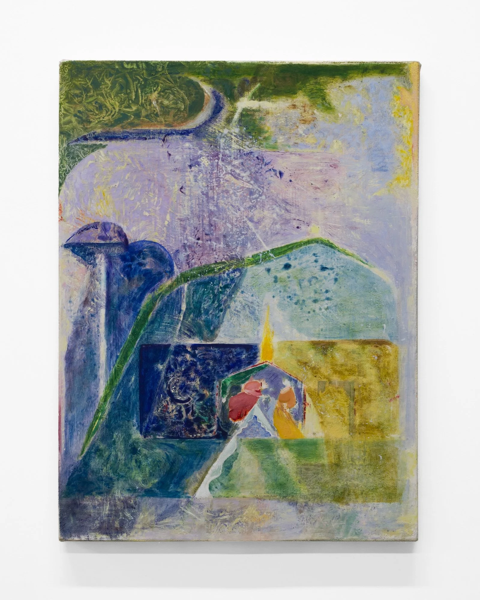 Abstract painting with layered pastel colors, organic shapes, and textured brushstrokes forming a dreamlike landscape composition.