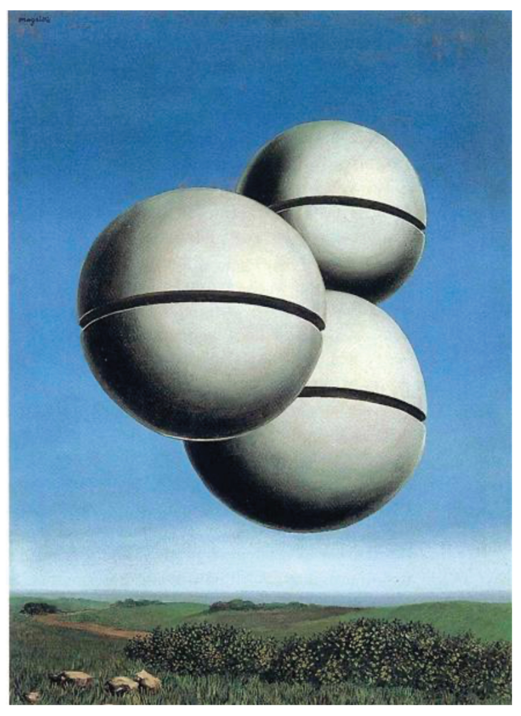 Three large metallic spheres with black bands float in a blue sky above a green landscape.