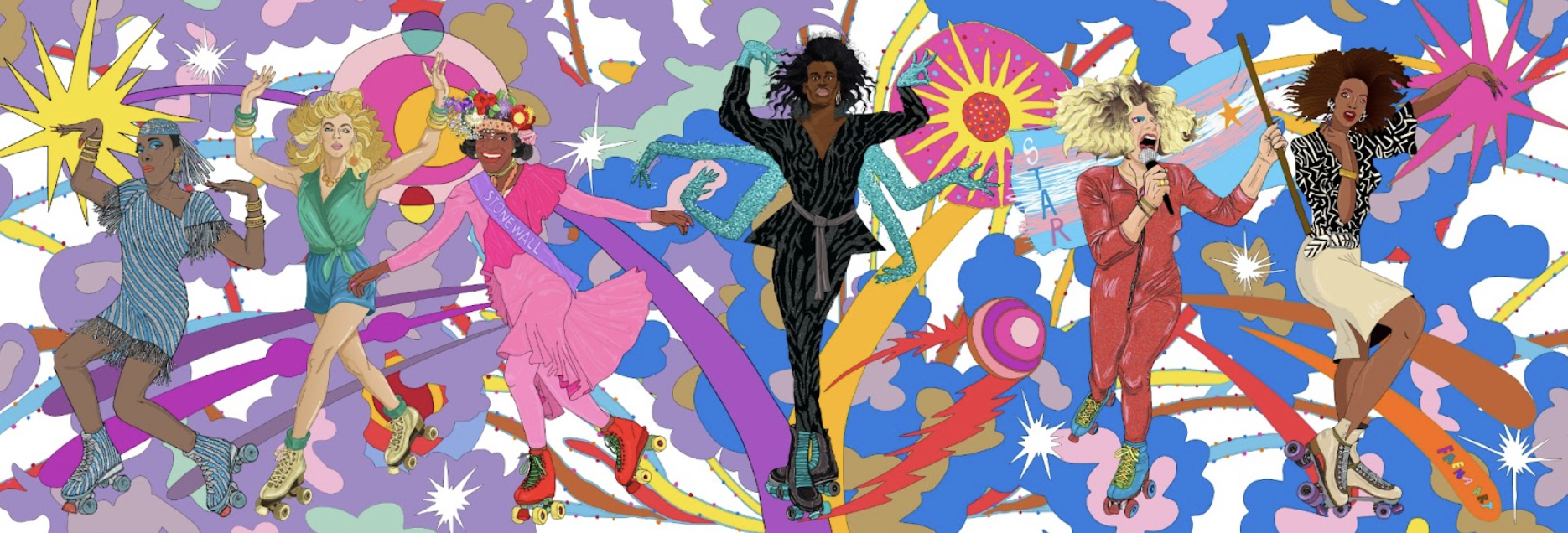 A a colorful illustration depicts various figures wearing skates, posing or performing in some way. The background is crowded with illustrated patterns: clouds, bursts, and other objects.