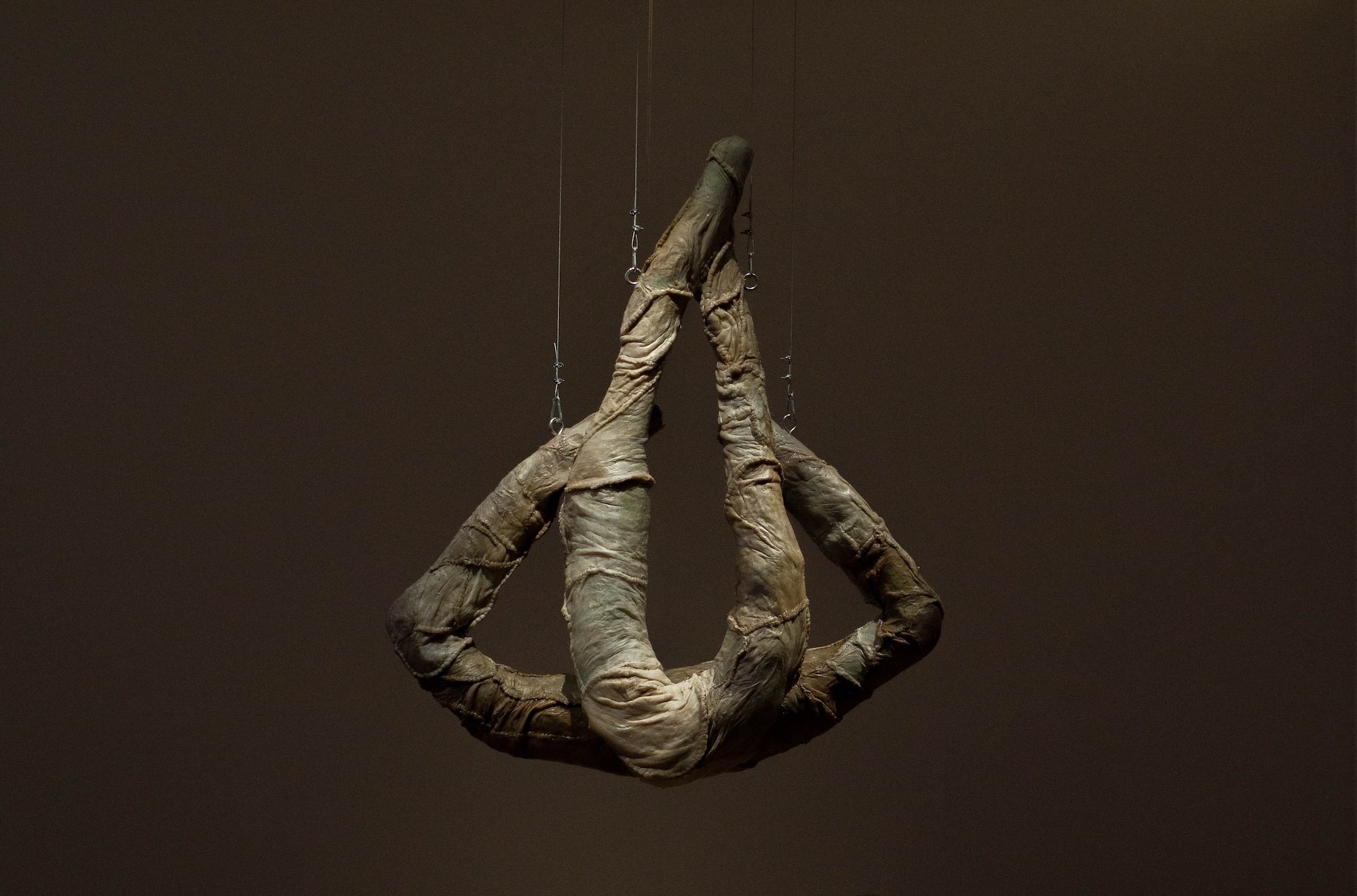 Suspended sculptural form made of stitched, flesh-colored tubular shapes hanging from the ceiling against a dark wall.