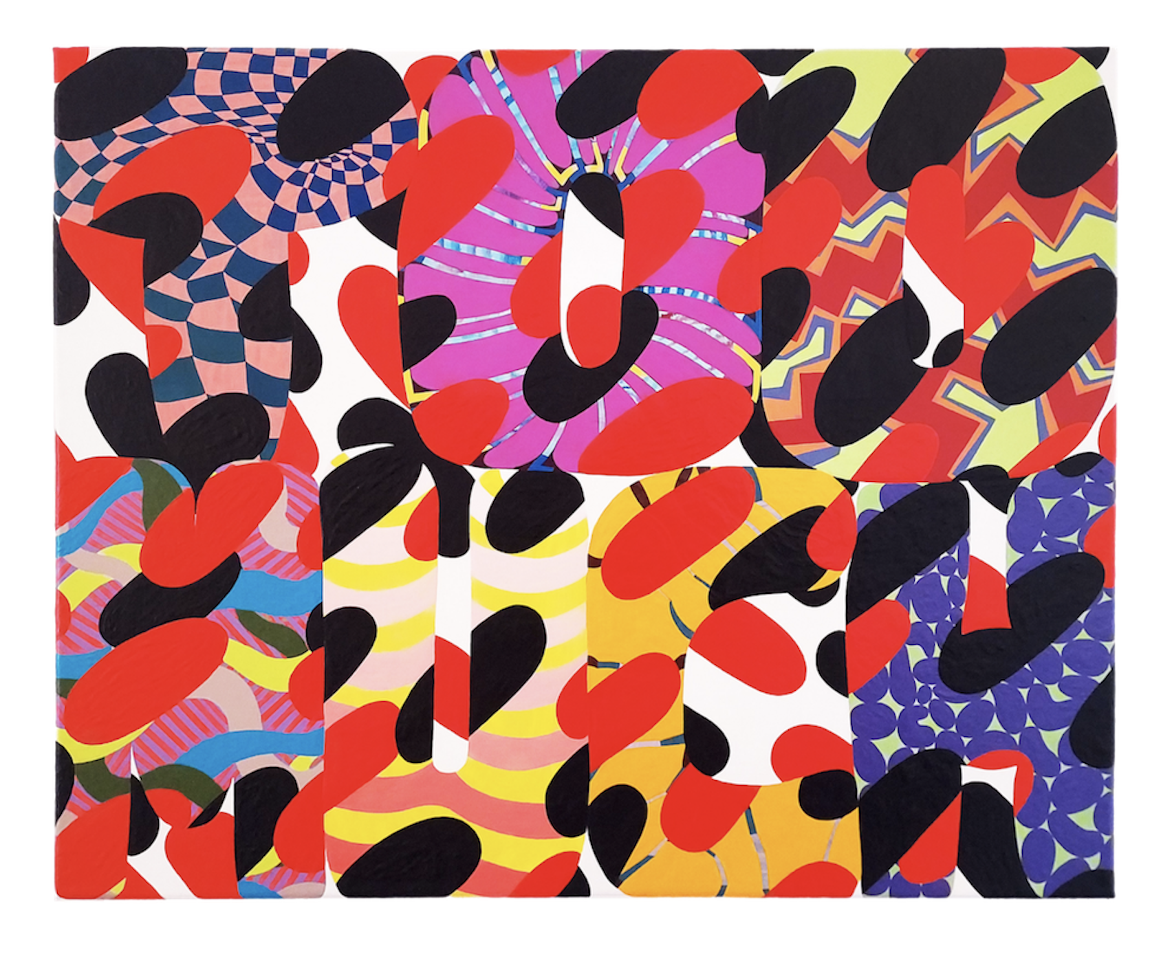 Large abstract painting composed of bright geometric patterns and layered red and black organic shapes across a grid-like composition.