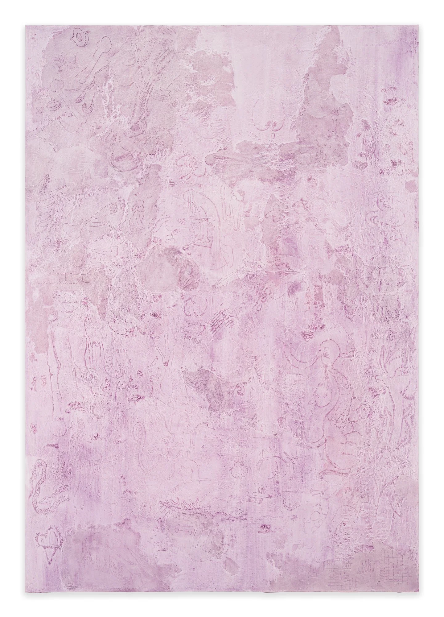 A 2D work features a wash of lavender with multiple monochromatic, cartoonish illustrations throughout.