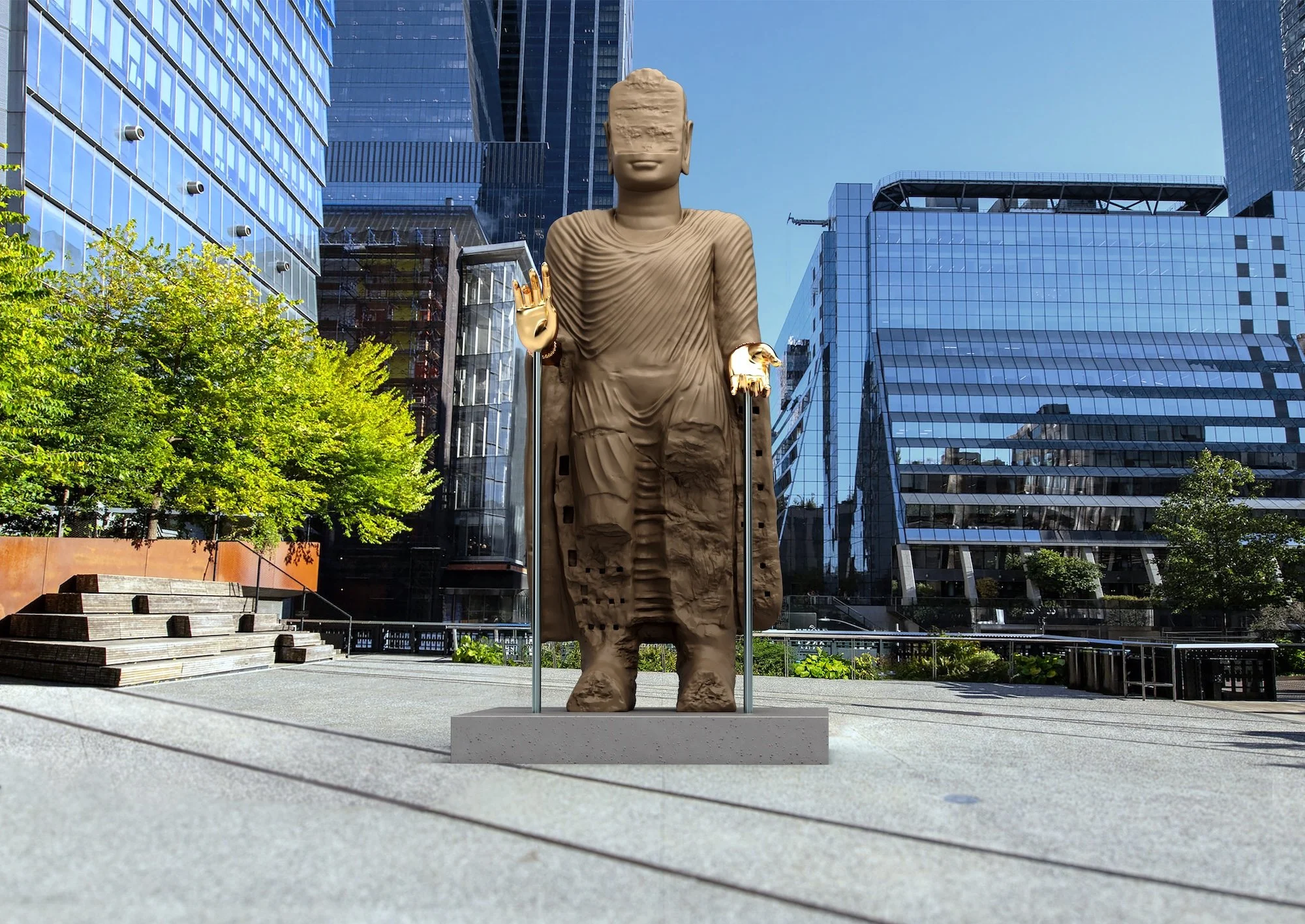 Front view of a towering Buddha sculpture with gilded hands, installed on the High Line amid modern glass buildings.