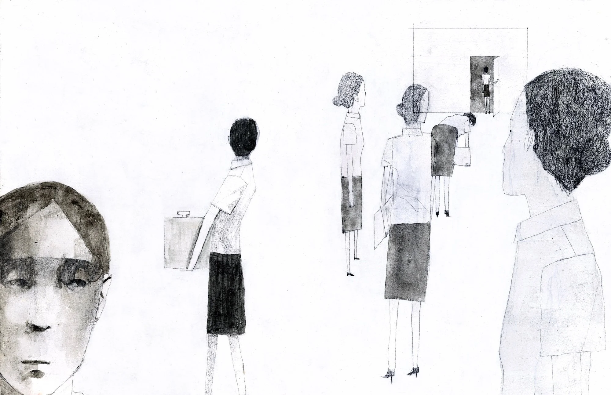 Stylized figures stand in sequence, one approaching a doorway, others observing.