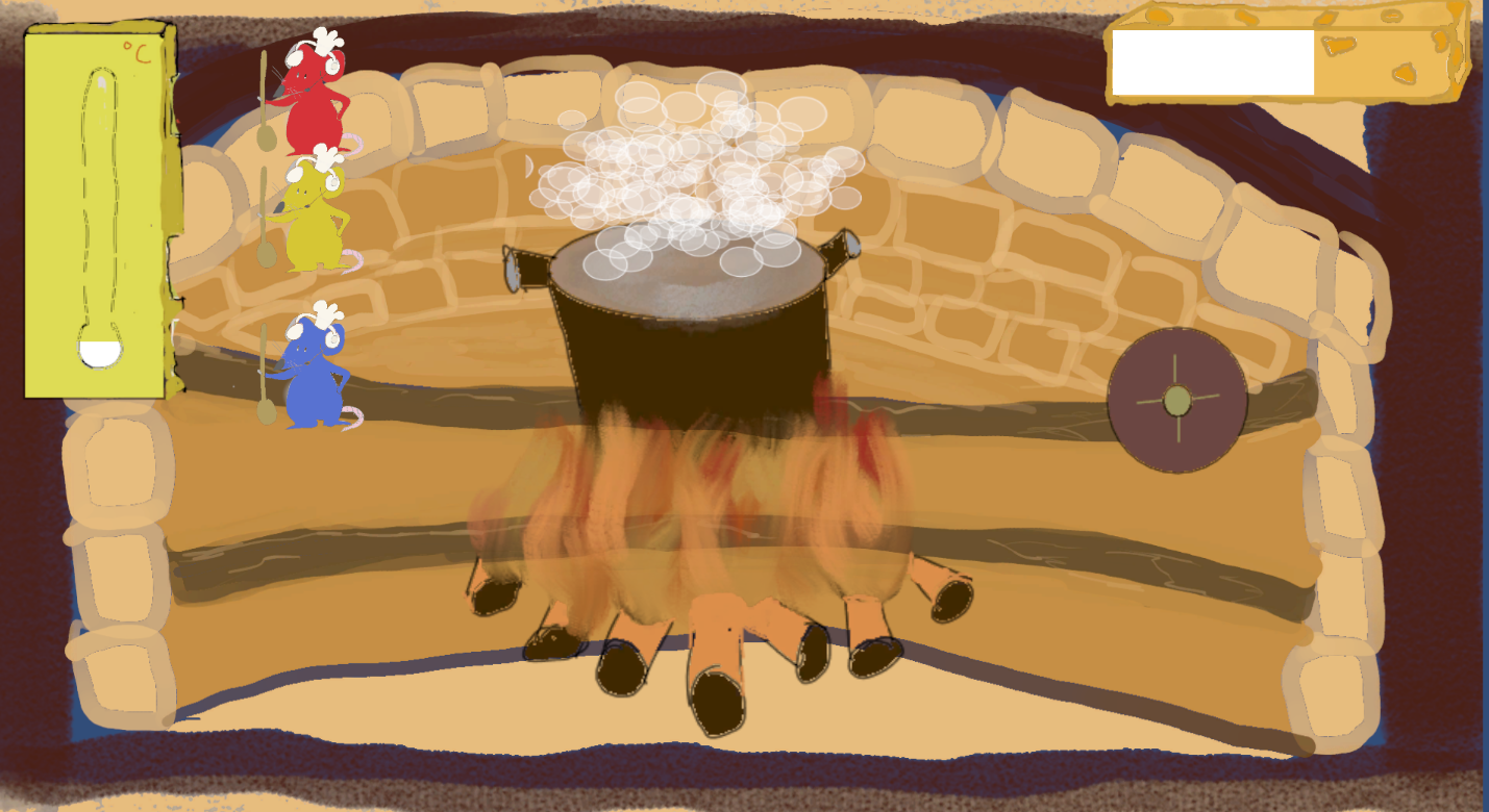 Video game illustration of three mice next to a boiling cauldron cooking on a fire.