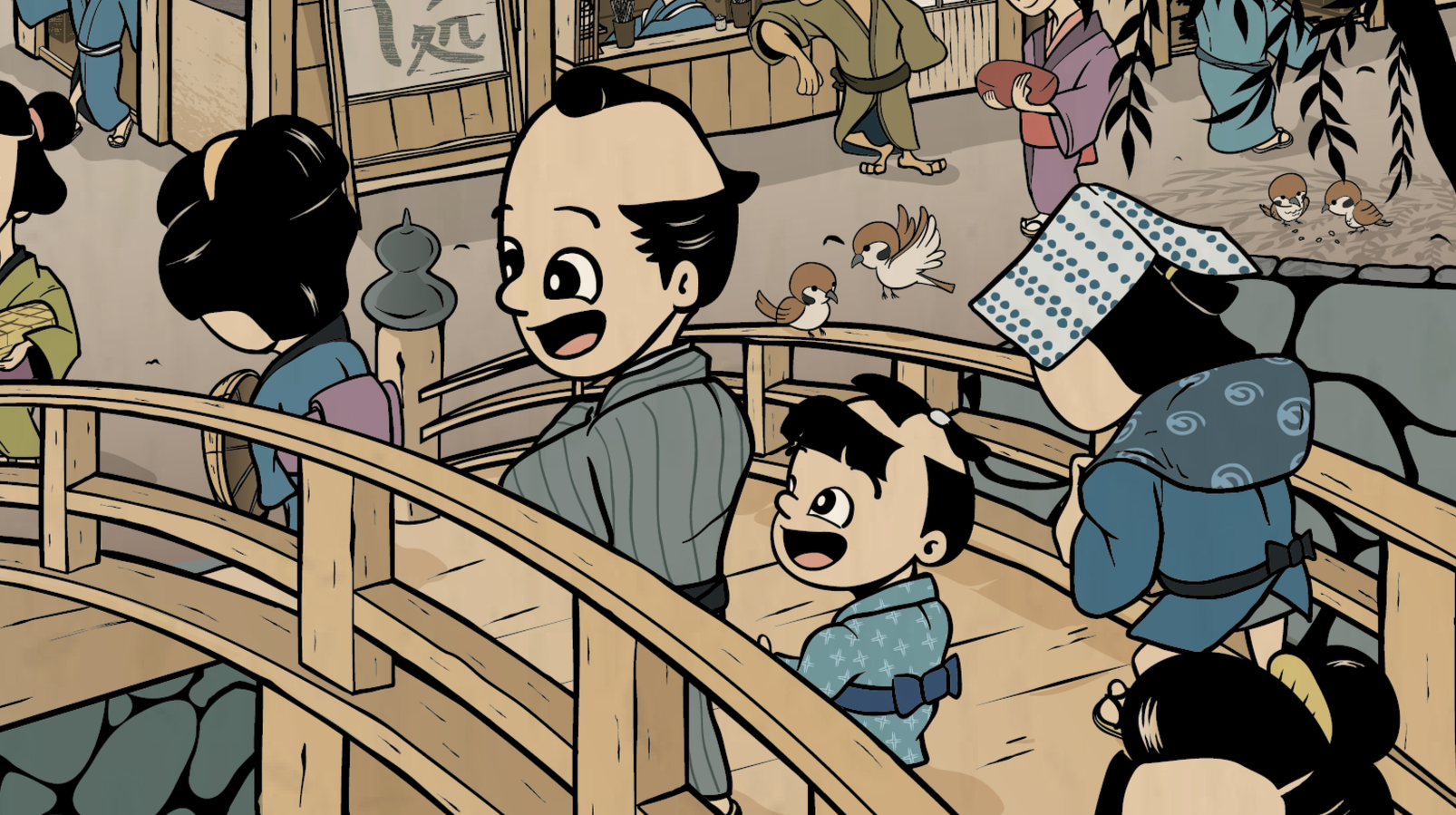 Finished Visual Design – Edo Streetscape Scene
Fully rendered narrative artwork depicting daily life in historical Edo, highlighting atmospheric color palette, detailed environment design, and story-driven composition.
