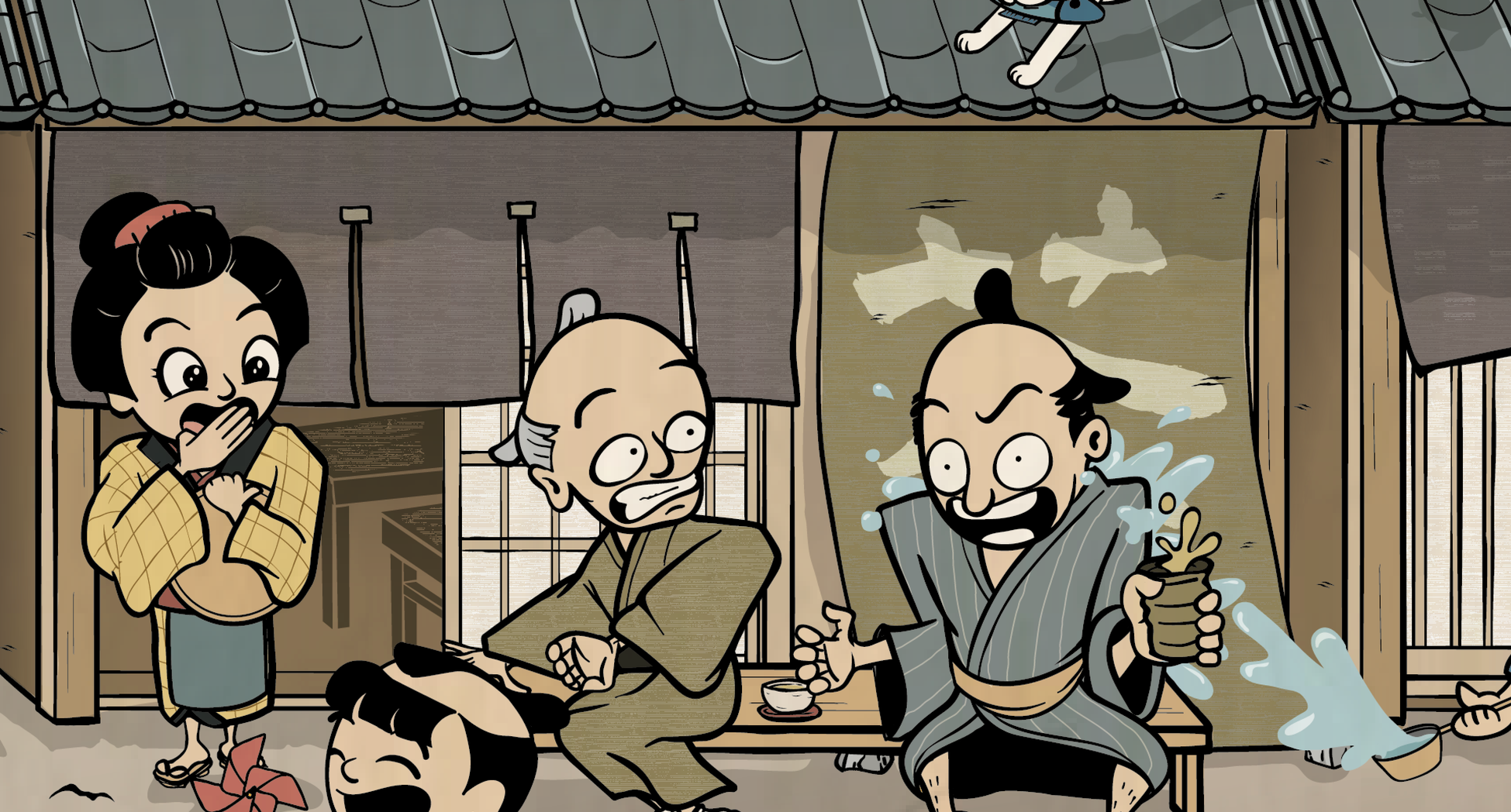 Finished Visual Design – Edo Streetscape Scene
Fully rendered narrative artwork depicting daily life in historical Edo, highlighting atmospheric color palette, detailed environment design, and story-driven composition.