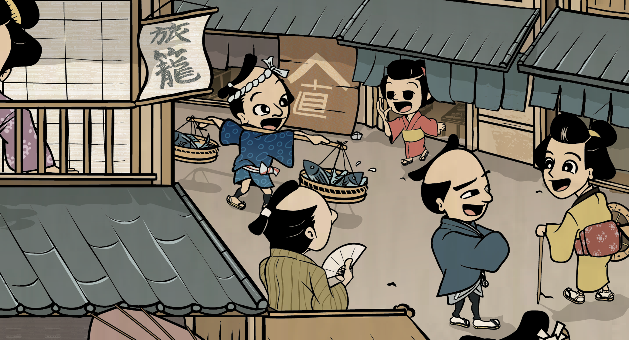 Finished Visual Design – Edo Streetscape Scene
Fully rendered narrative artwork depicting daily life in historical Edo, highlighting atmospheric color palette, detailed environment design, and story-driven composition.