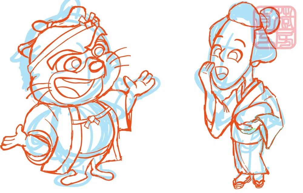 Conceptual Character Sketches (Edo Narrative Series)
Rough character exploration and dynamic line art developing the movement, humor, and expressiveness of the Edo-period cast before final rendering.