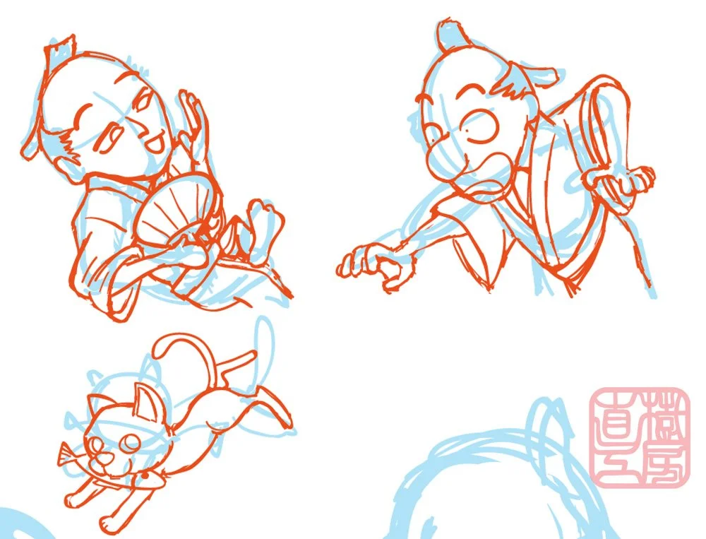 Conceptual Character Sketches (Edo Narrative Series)
Rough character exploration and dynamic line art developing the movement, humor, and expressiveness of the Edo-period cast before final rendering.