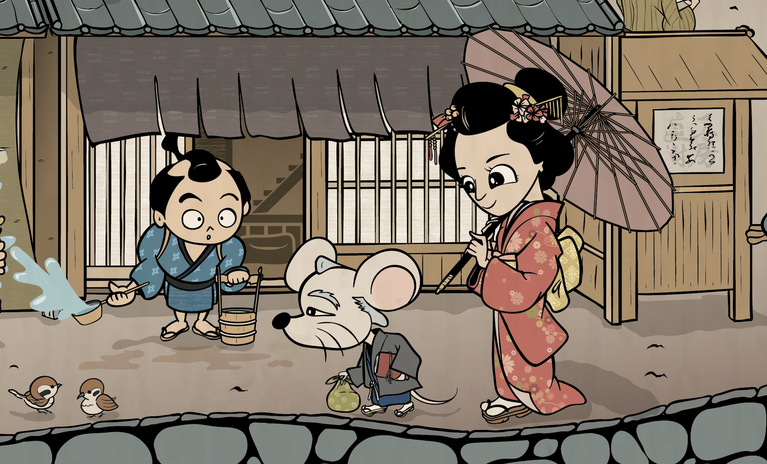 Finished Visual Design – Edo Streetscape Scene
Fully rendered narrative artwork depicting daily life in historical Edo, highlighting atmospheric color palette, detailed environment design, and story-driven composition.