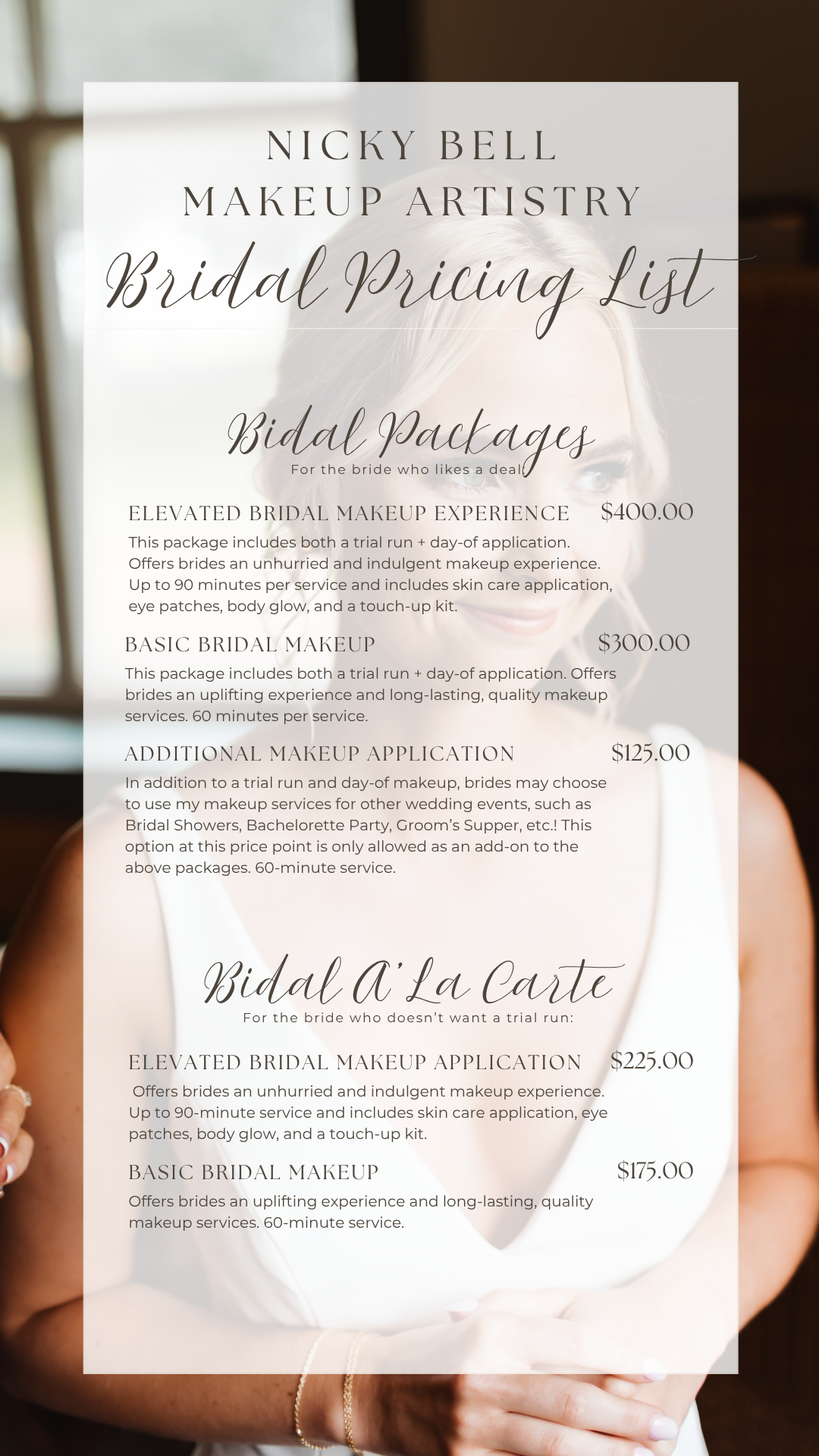 Bridal makeup pricing list from Nicky Bell Makeup Artistry featuring Bridal Packages and A'La Carte options.