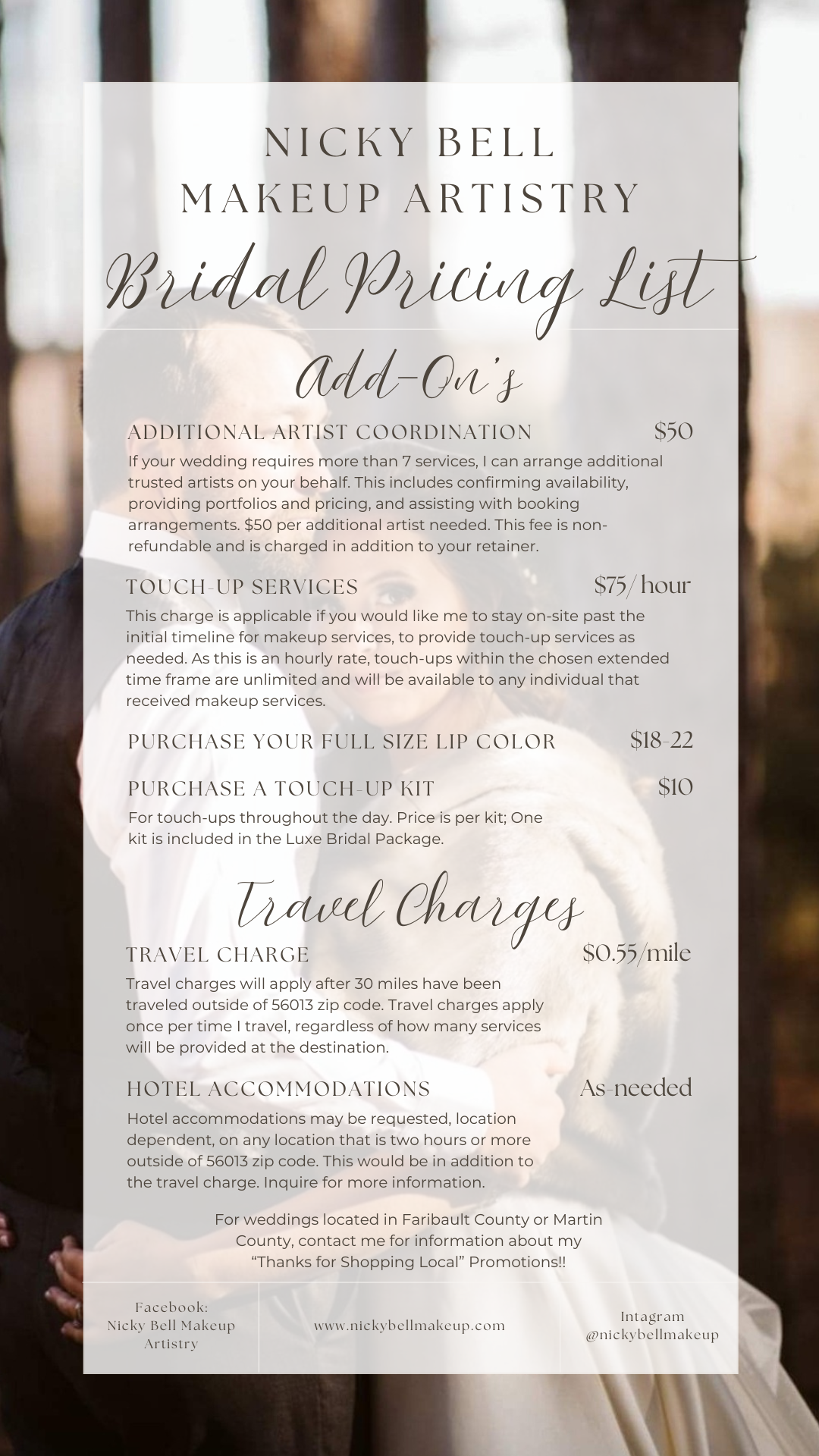 Bridal makeup pricing list with services and charges, including artist coordination, touch-up services, lipstick, touch-up kit, travel charges, and hotel accommodations, overlaid on a woman in a wedding dress and veil.