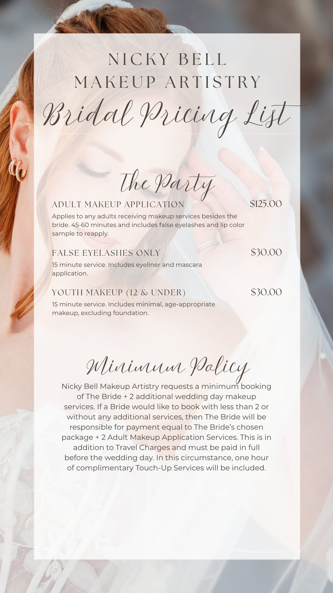 A bridal pricing list for makeup services offered by Nicky Bell Makeup Artistry with details about services and minimum payment policy.