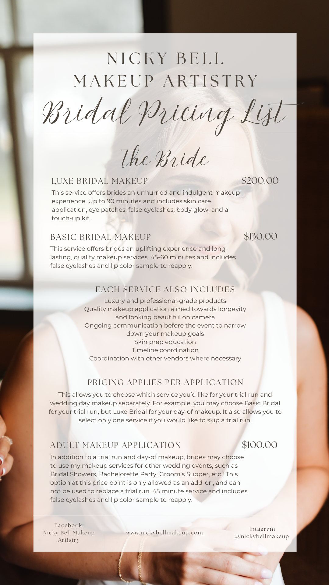 Bridal makeup pricing list from Nicky Bell Makeup Artistry featuring options for Luxe Bridal Makeup at $200 and Basic Bridal Makeup at $130, along with additional services and pricing details.