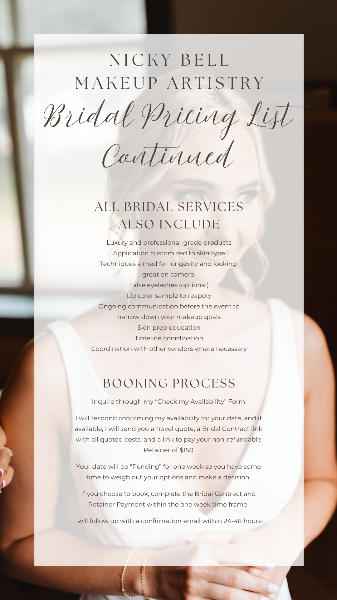 Bridal makeup pricing continues, with information regarding what services include as well as booking process details.