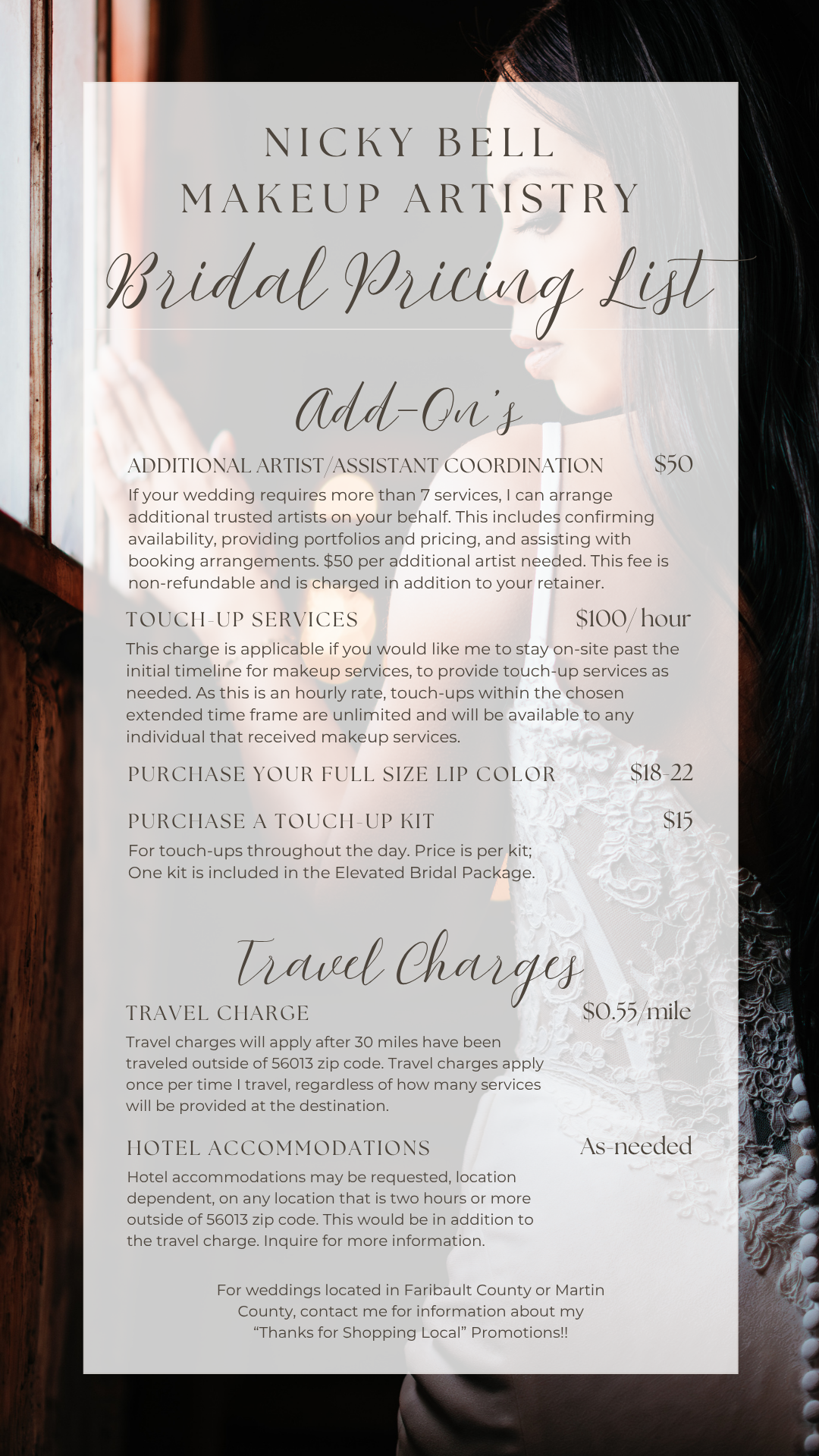 Bridal makeup pricing list with services and charges, including artist coordination, touch-up services, lipstick, touch-up kit, travel charges, and hotel accommodations.