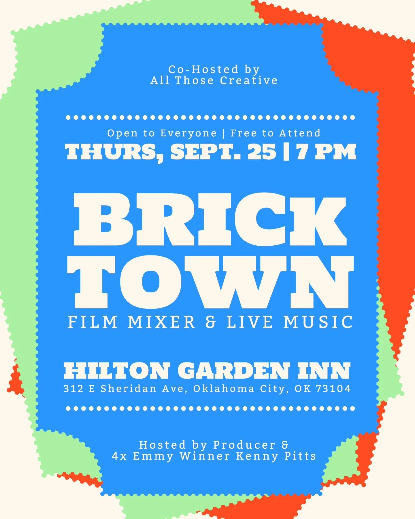 We've got another one coming at you OKC Creatives 🎥🎶 We&rsquo;re teaming up with 4x Emmy-winning producer @kennypittskp to bring you a night of live music &amp; community

We'll have a table at the Hilton Garden Inn in Bricktown on THURSDAY, SEPT. 