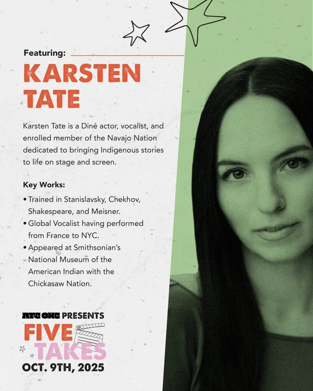 Next up we have Karsten Tate (@karstentate ) 🎭 Karsten is a Din&eacute; actor who's appeared at the Smithsonian's National Museum of the American Indian with the Chickasaw Nation. She is dedicated to bringing indigenous stories to life on stage and 