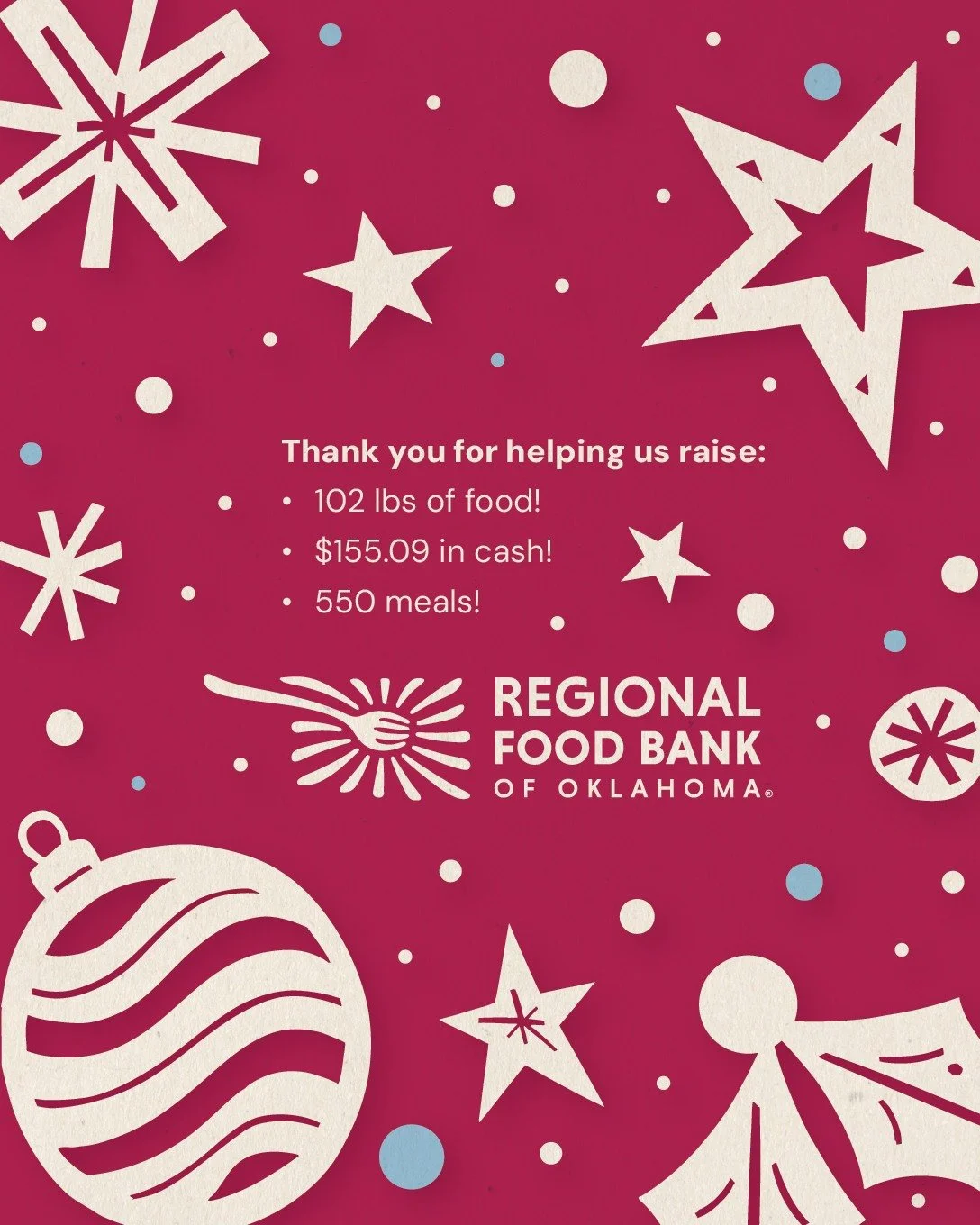 Thank you to everyone who attended our holiday party back on December 5th. We raised 102 pounds of food, plus $155.09 through our online giving page! Altogether, our donation will help to provide 550 meals to those living with hunger in our state. 🫶
