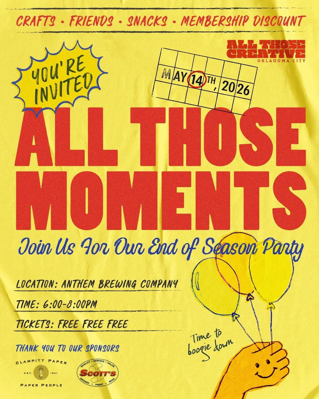 We made it through another ATC season and want to celebrate with YOU!

Stop on by, May 14th to hang out with all your favorite creatives, friends, and ATC fam. We'll have snacks, crafts, and discounts for memberships! ✨🎨🍿

📍 Anthem Brewing
🕕 May 