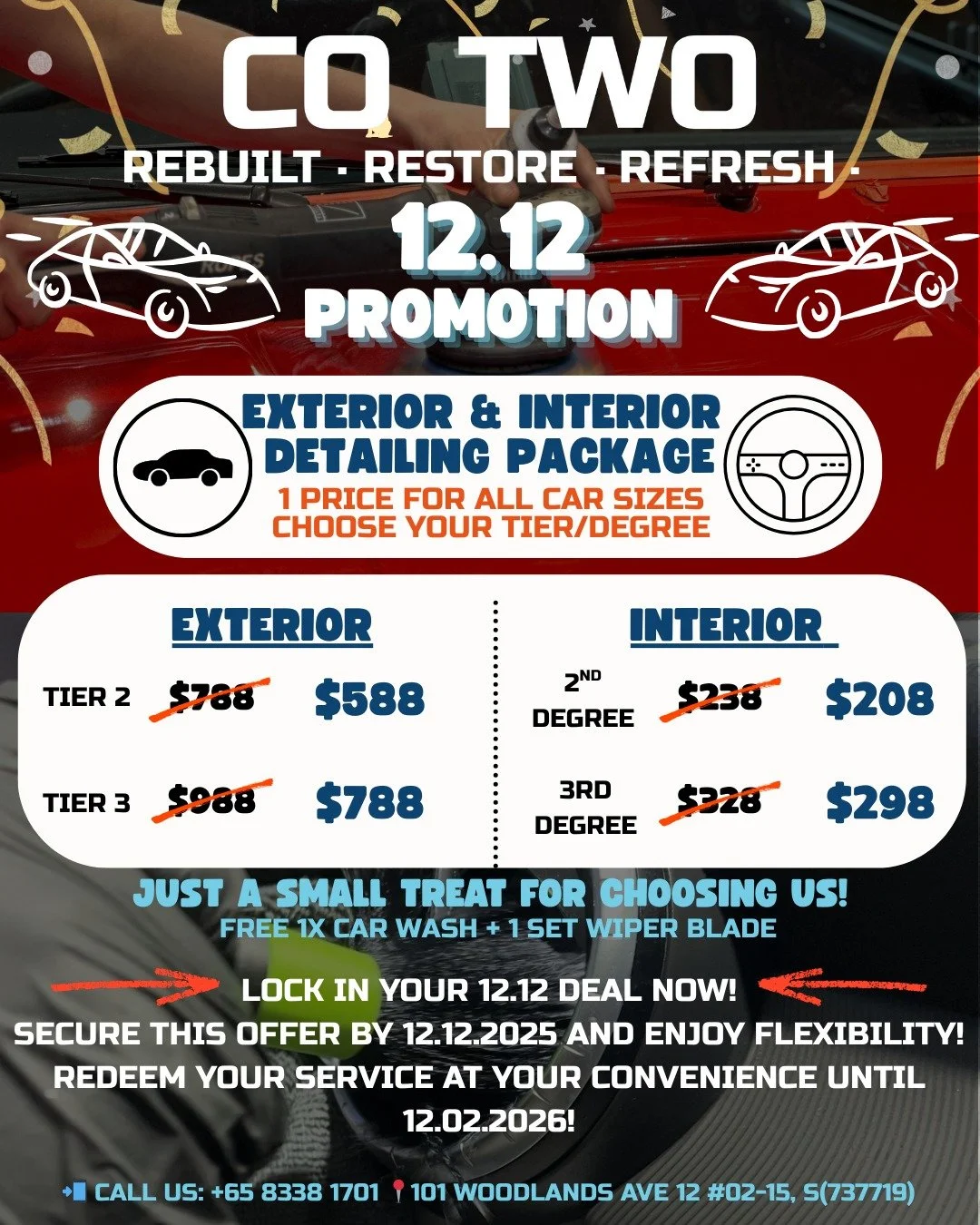 ✨ 12.12 MEGA GLOW-UP DEAL! ✨

For the first time ever: ONE price for all car sizes 🤝✨

Choose your detailing power level - and let your ride sparkle like it means it!
🔹 Tier 2 / Tier 3 Exterior
🔹 2nd / 3rd Degree Interior

Enjoy our appreciation p