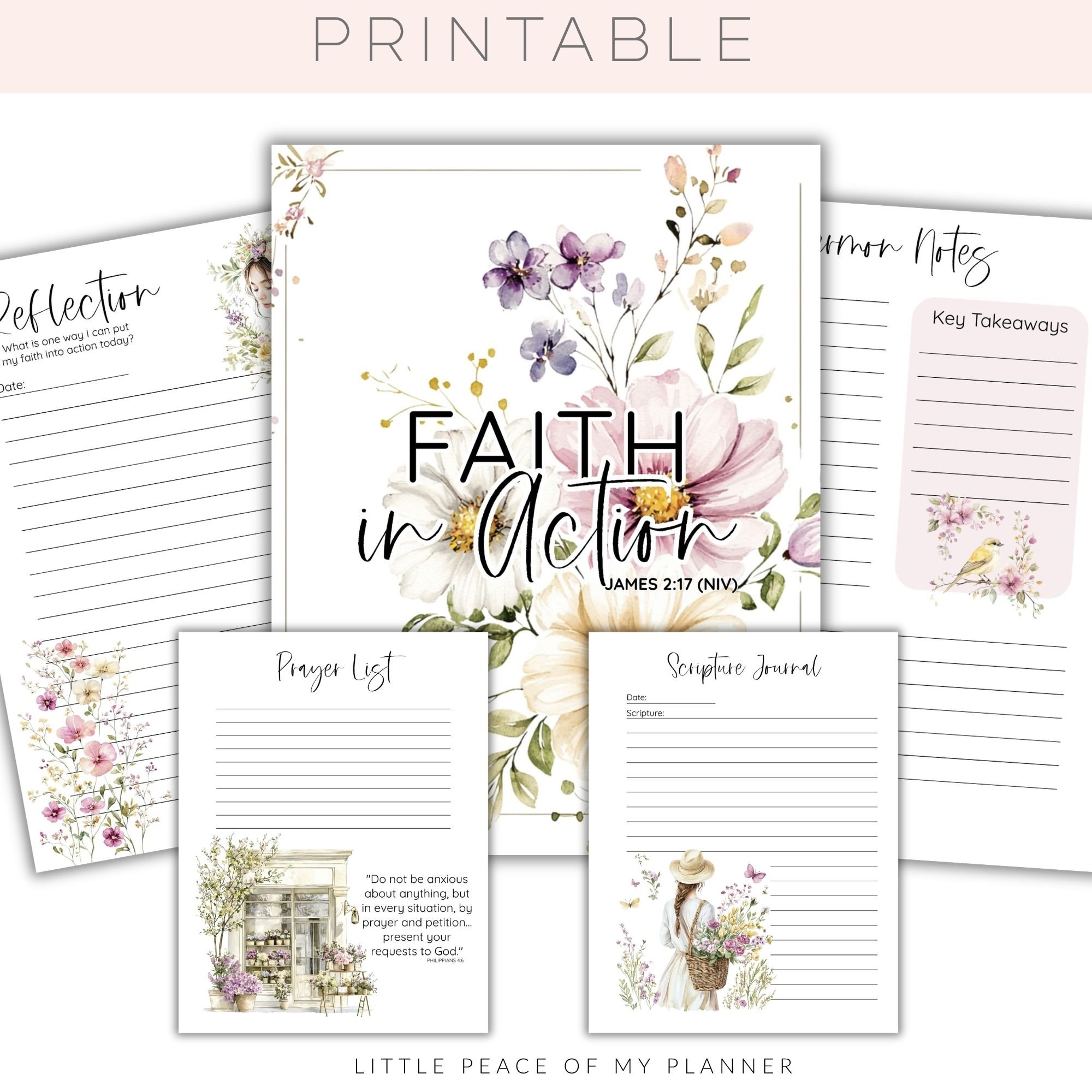 Faith in Action Printable Bundle: Planner, Prayer List, Sermon Notes (Digital Download)