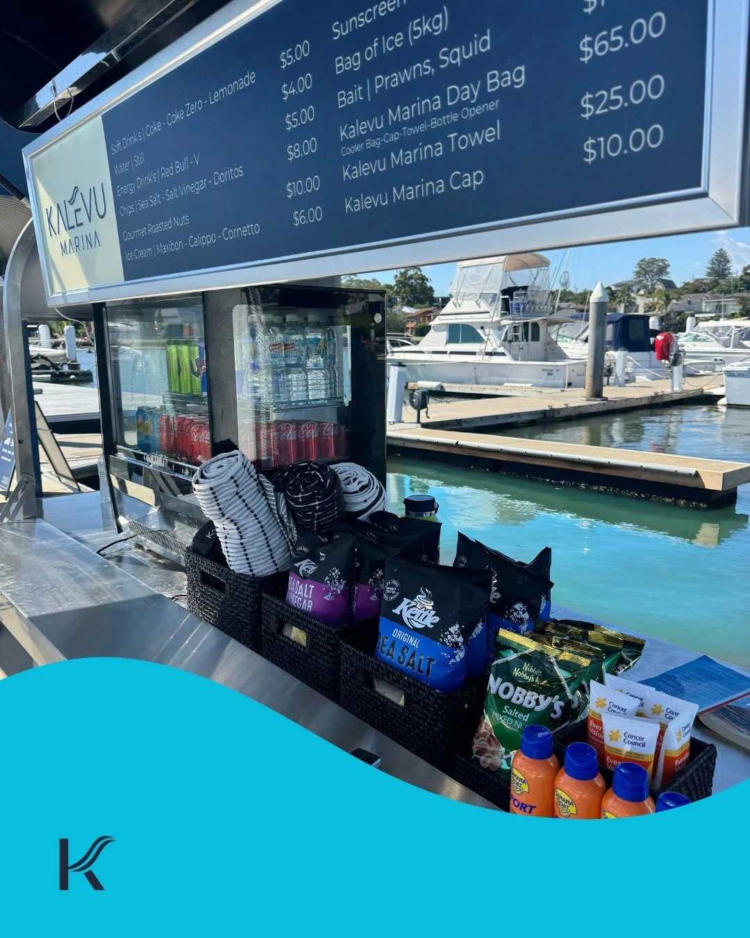 🛥️ Everything You Need &ndash; Right Here at Kalevu Marina

The Kalevu Marina Kiosk &amp; Marina Shop is open daily from 9:00am &ndash; 5:00pm, making it easy to stock up before or after your time on the water.

🧊 Ice, bait, and boating supplies
🎣