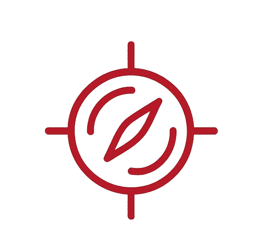 A red compass with a leaf inside the center, symbolizing navigation and nature.