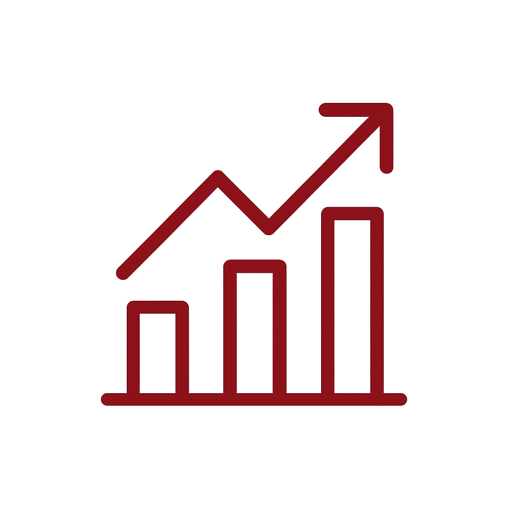 A bar chart with three bars of increasing height and a line graph with an upward trend overlaid, all in dark red.