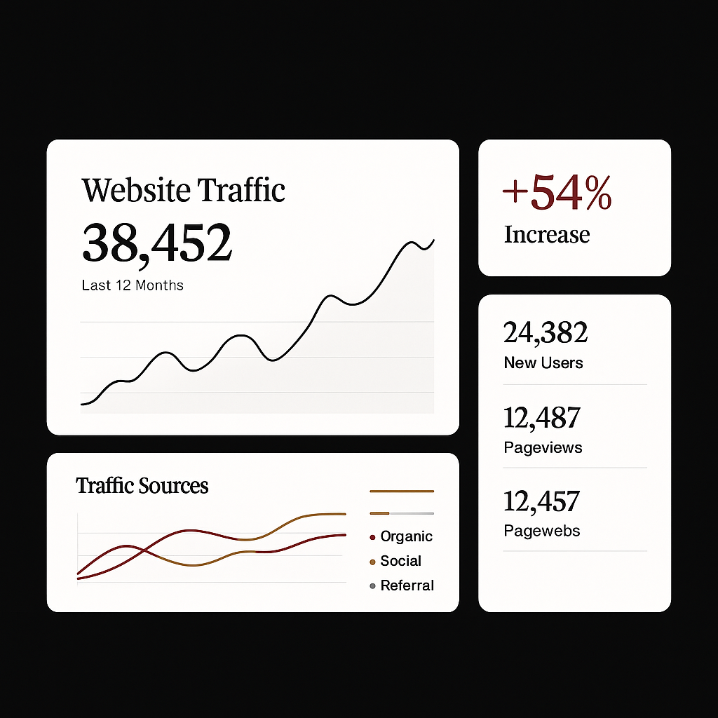 A digital dashboard displaying website traffic statistics including a line graph showing a 12-month increase in traffic, a +54% growth indicator, total visits of 38,452, new users, pageviews, and traffic sources categorized as organic, social, and referral.