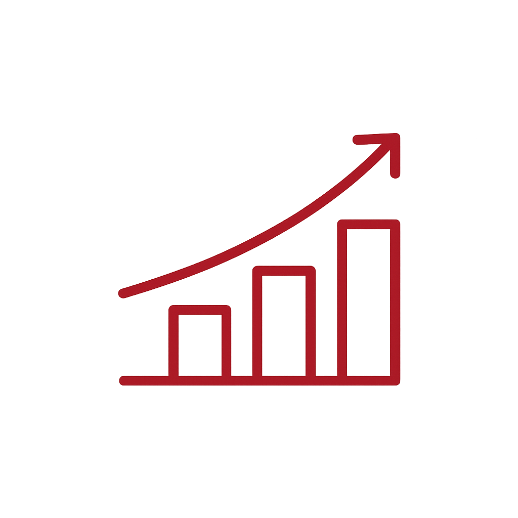 Red bar chart with increasing height and an upward sloping arrow indicating growth.