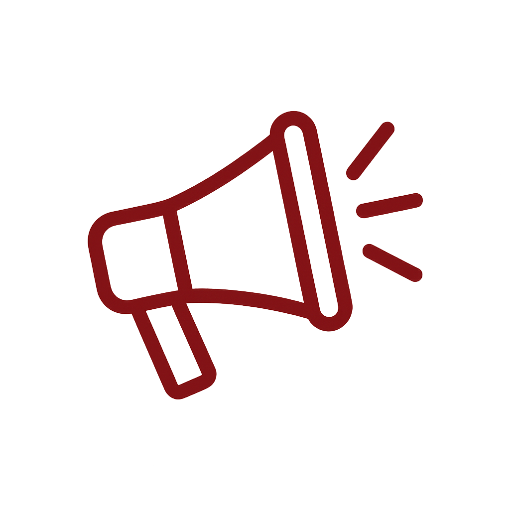 Outline of a red megaphone emitting sound lines, symbolizing shouting or announcement.