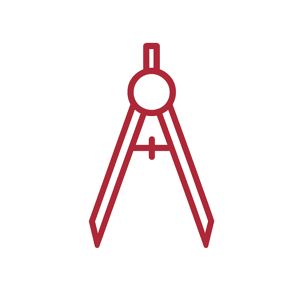 Illustration of a compass, a drafting tool used for drawing circles and arcs, shown in maroon outline on a white background.