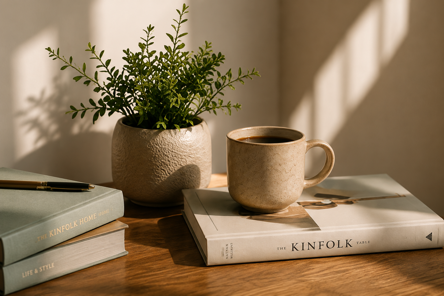 A cozy desk scene with a potted green plant, a ceramic mug filled with coffee, and two books, one titled "The Kinfolk Home" and the other "Life & Style," bathed in warm sunlight.
