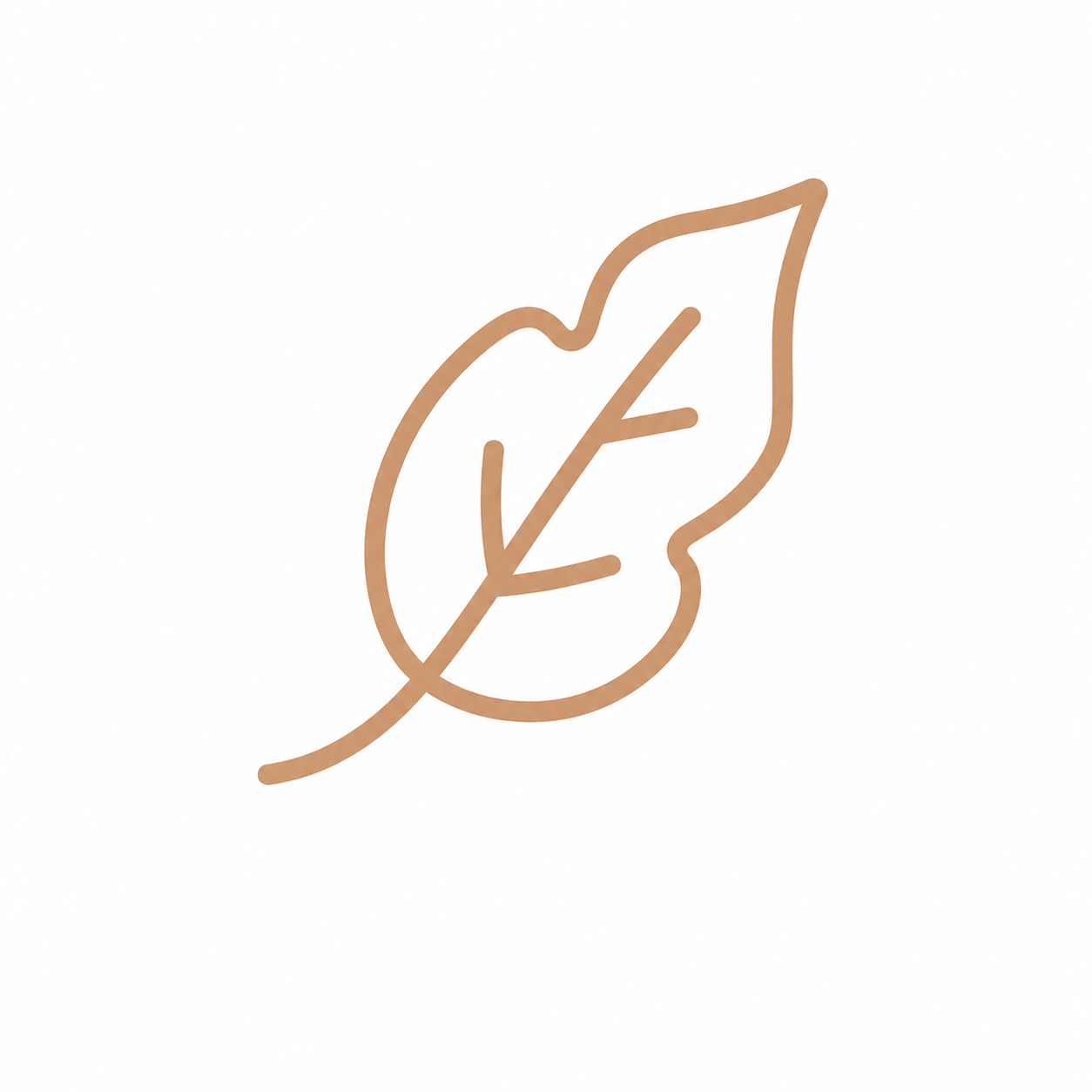 Minimalist copper-colored line art of a leaf on a white background.