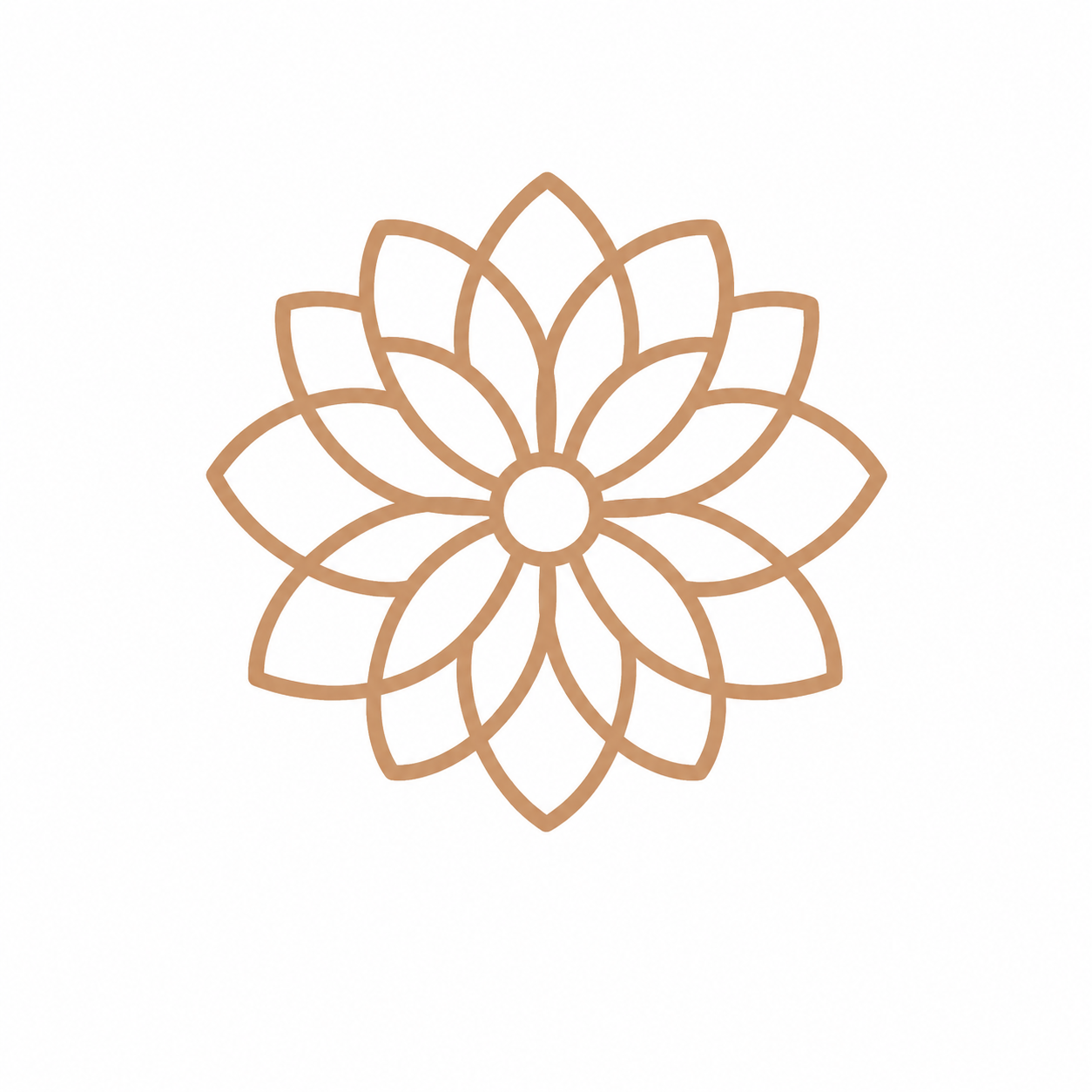 A symmetrical geometric flower design with multiple overlapping petals in a gold or bronze outline on a white background.