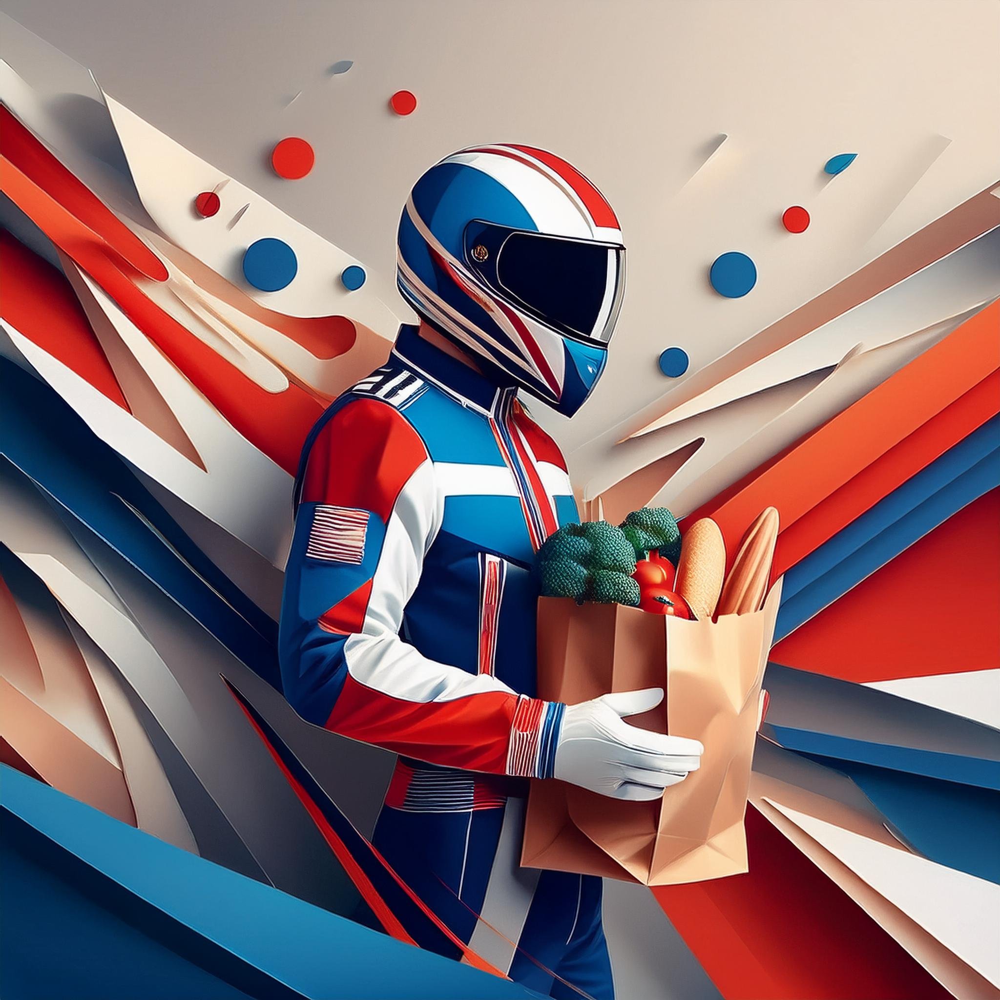 Firefly man race car driver wearing blue, red and white suit with dark hair holding a grocery bag 52.jpg