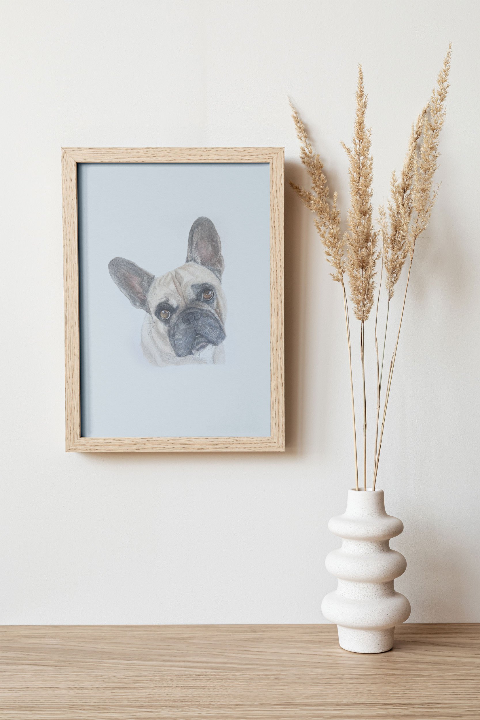 Furtastic-Pawtraits_Hand-Drawn-Illustrations_Pet-Portraits_Grace-Connell_Picture-Frame-of-Dog-Portrait-next-to-vase-of-Flowers.jpg