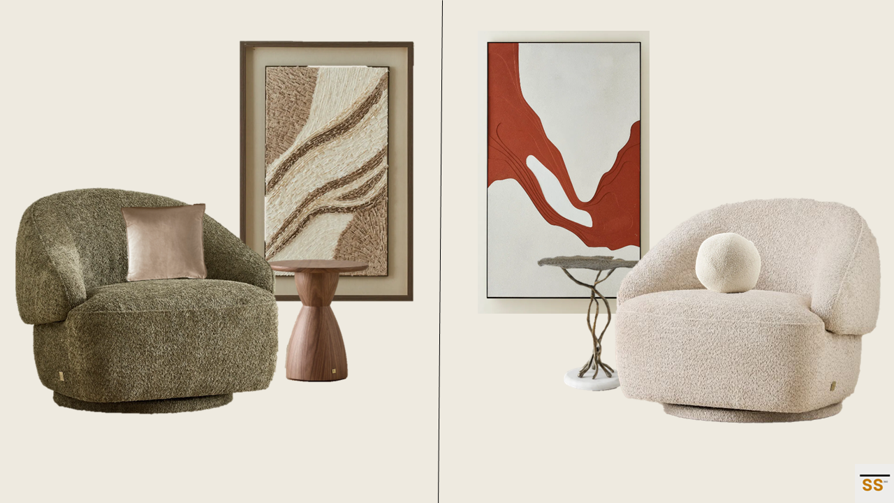Koala Living occasional chair styled in two distinct interior settings – luxe – showcasing texture, color, and contrast.