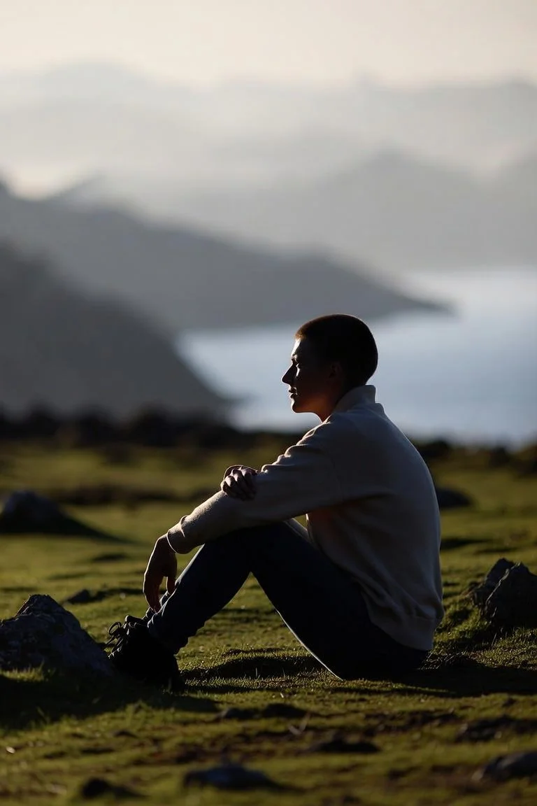 Person sitting in peaceful contemplation on a mountain overlooking a fjord at sunrise, symbolizing reflection and inner journey. Photography generated by Grok.