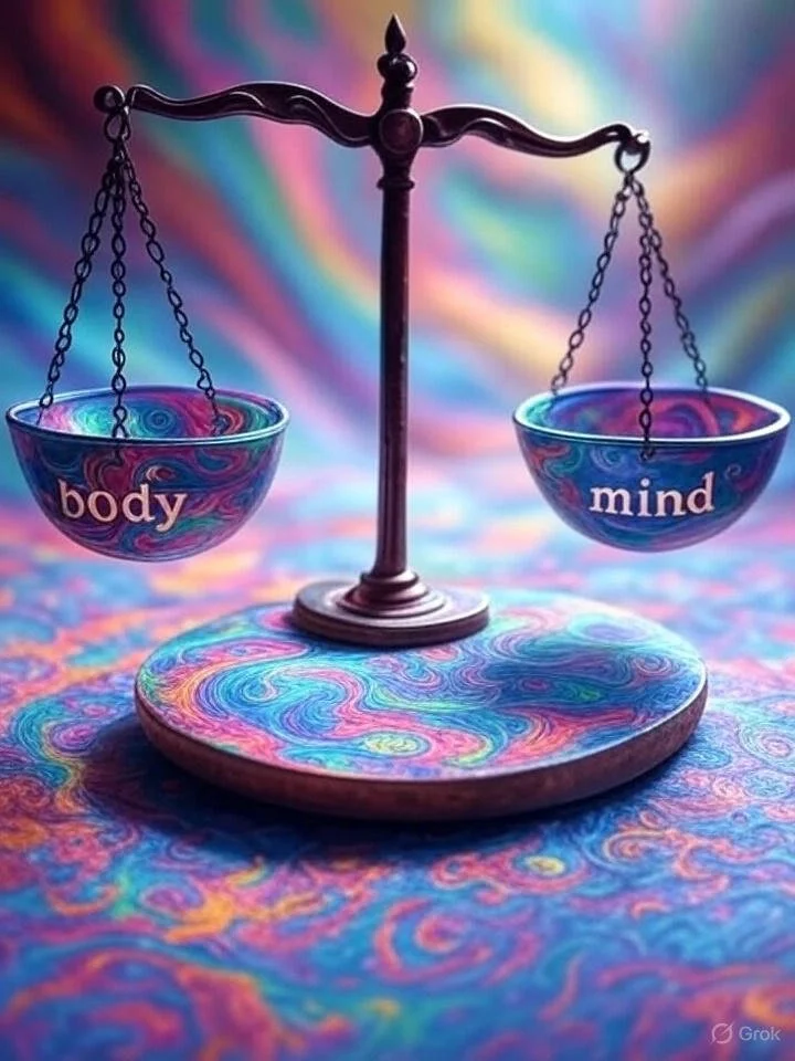 En balansert skala med to fargerike, virvlende skåler merket "body" og "mind", satt mot en levende, psykedelisk bakgrunn.